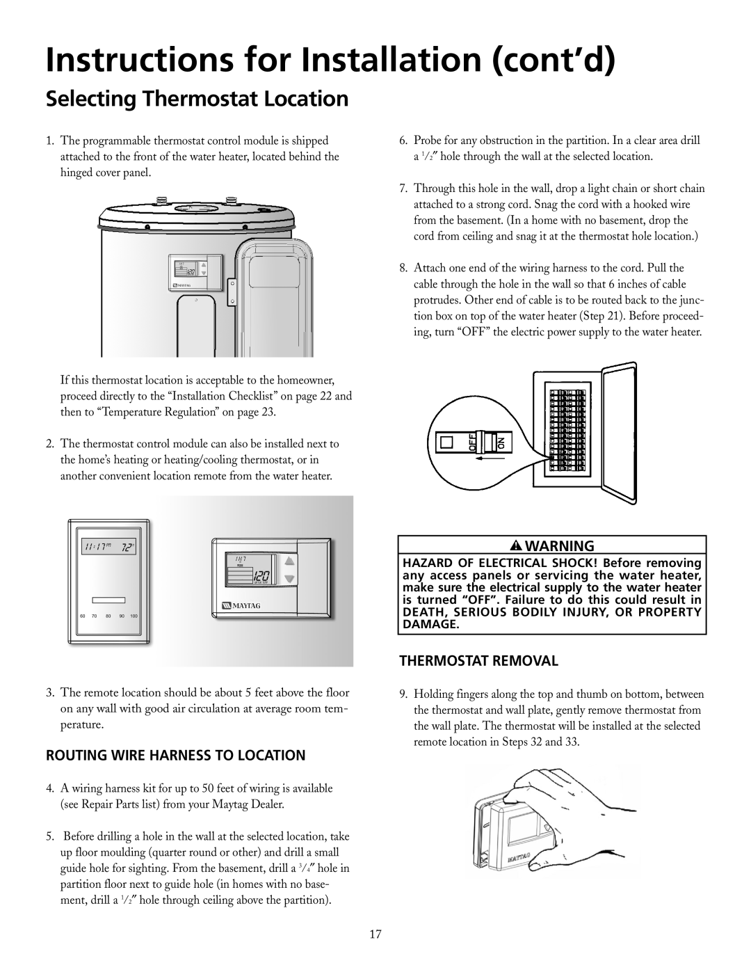 Maytag HRE21282PC, HRE21250PC manual Selecting Thermostat Location, Thermostat Removal 