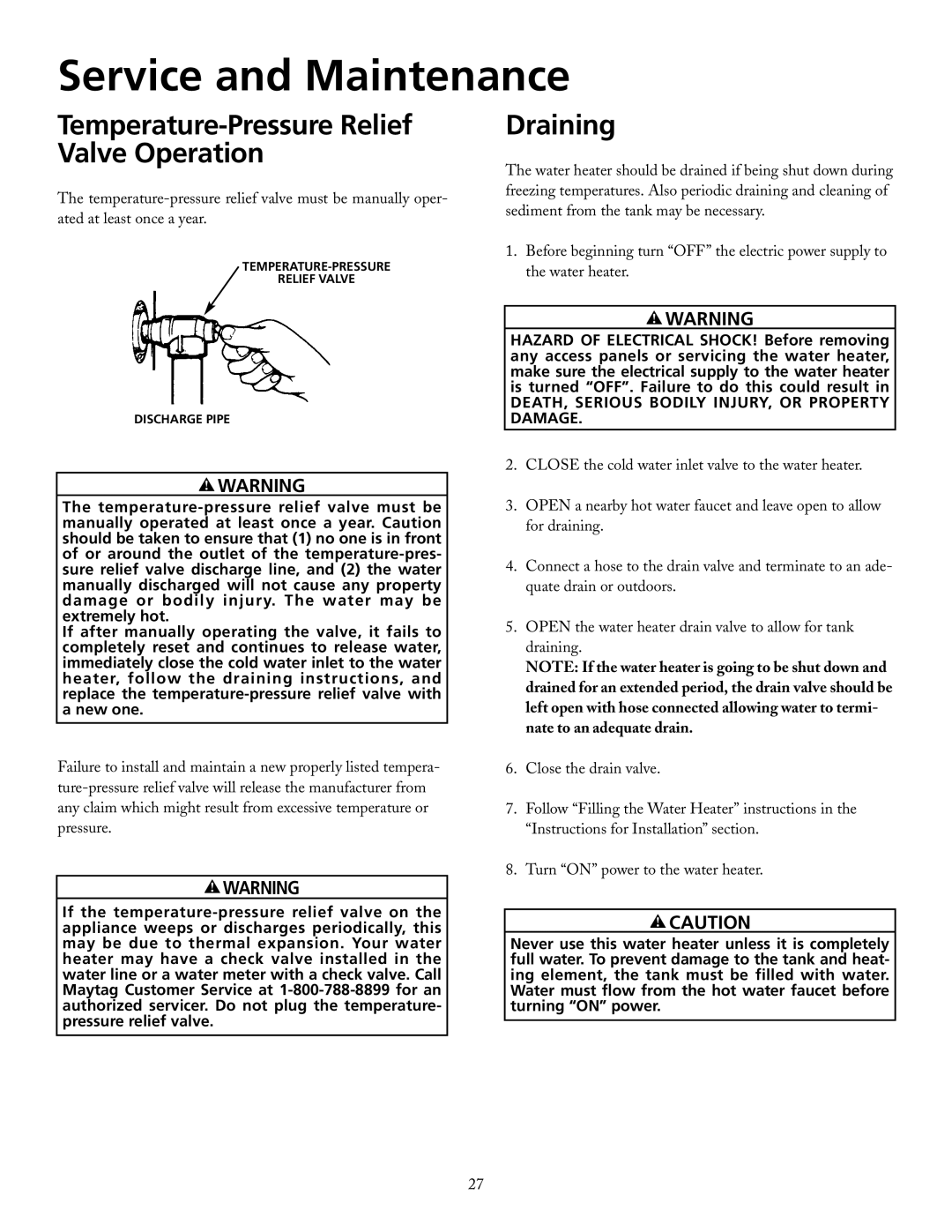 Maytag HRE21282PC, HRE21250PC manual Service and Maintenance, Temperature-Pressure Relief Valve Operation, Draining 