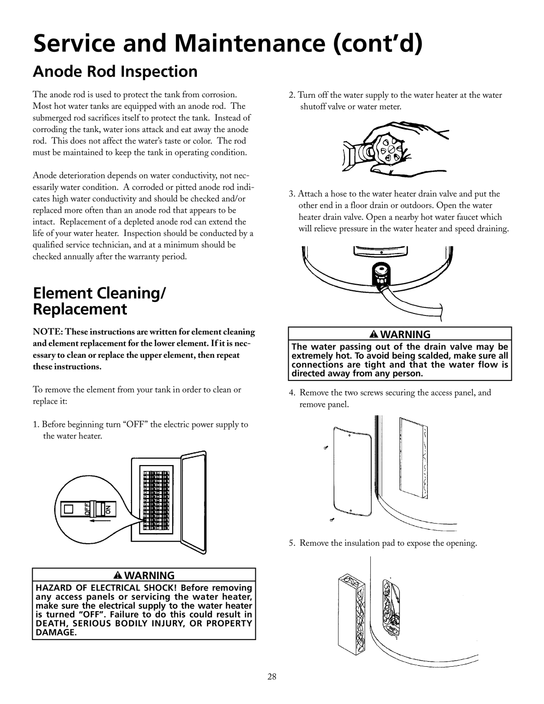 Maytag HRE21250PC, HRE21282PC manual Service and Maintenance cont’d, Anode Rod Inspection, Element Cleaning Replacement 