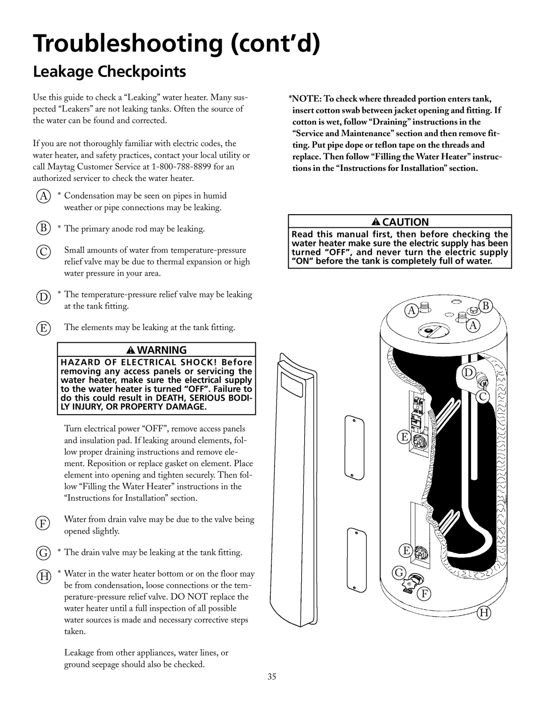 Maytag HRE21282PC, HRE21250PC manual Leakage Checkpoints, LY INJURY, or Property Damage 