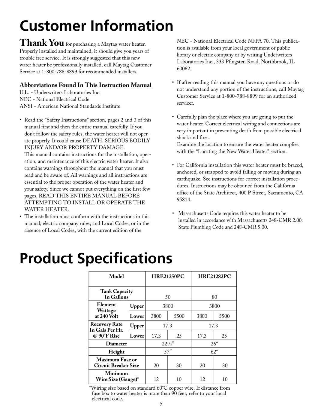 Maytag HRE21282PC, HRE21250PC manual Customer Information, Product Specifications 