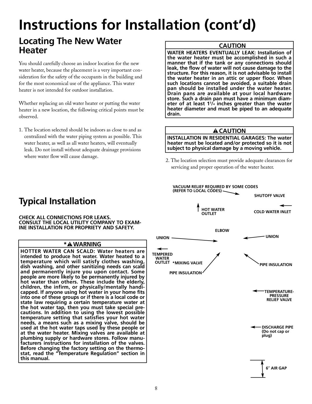 Maytag HRE21250PC, HRE21282PC Instructions for Installation cont’d, Locating The New Water Heater, Typical Installation 