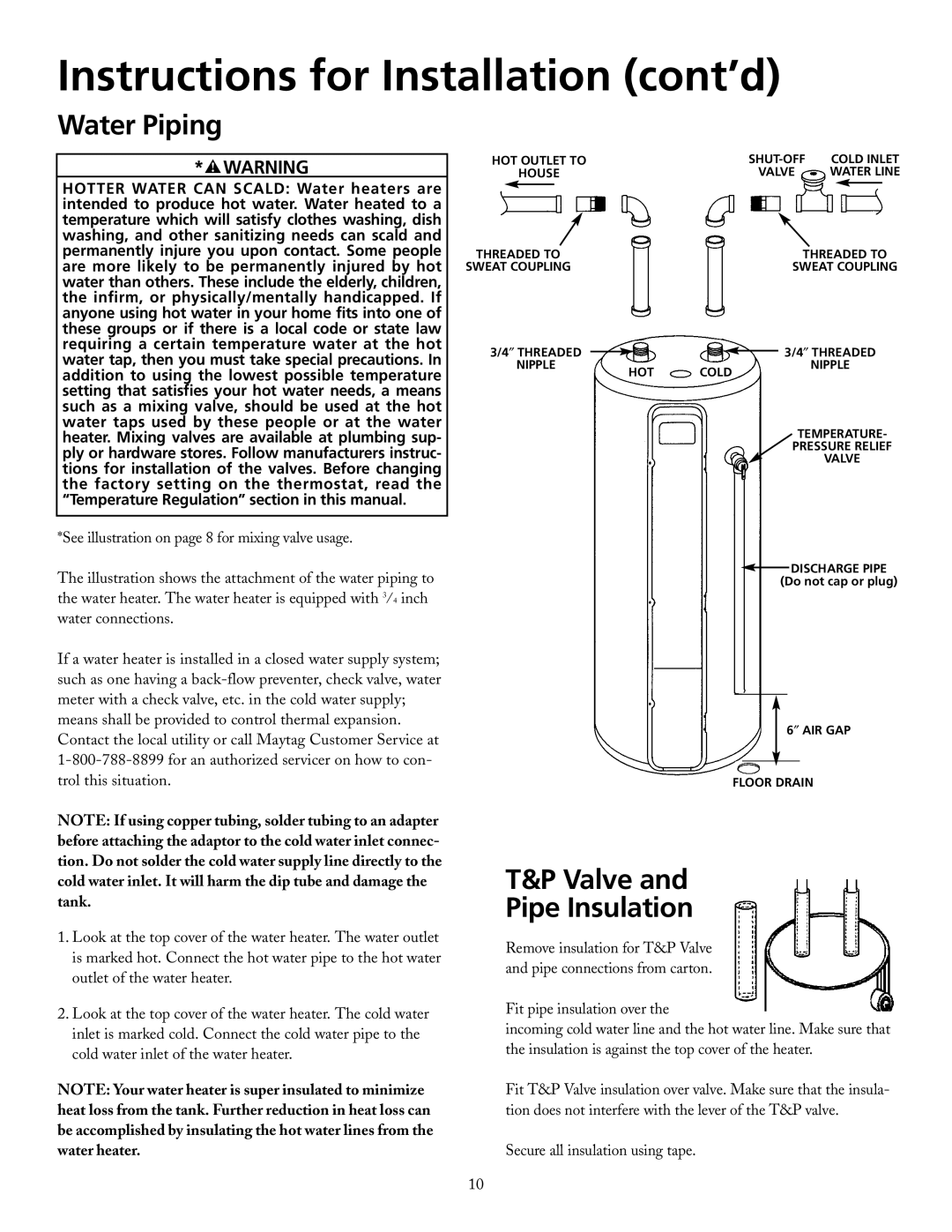 Maytag HRE21250PC, HRE21282PC manual Water Piping, T&P Valve and Pipe Insulation, Instructions for Installation cont’d 