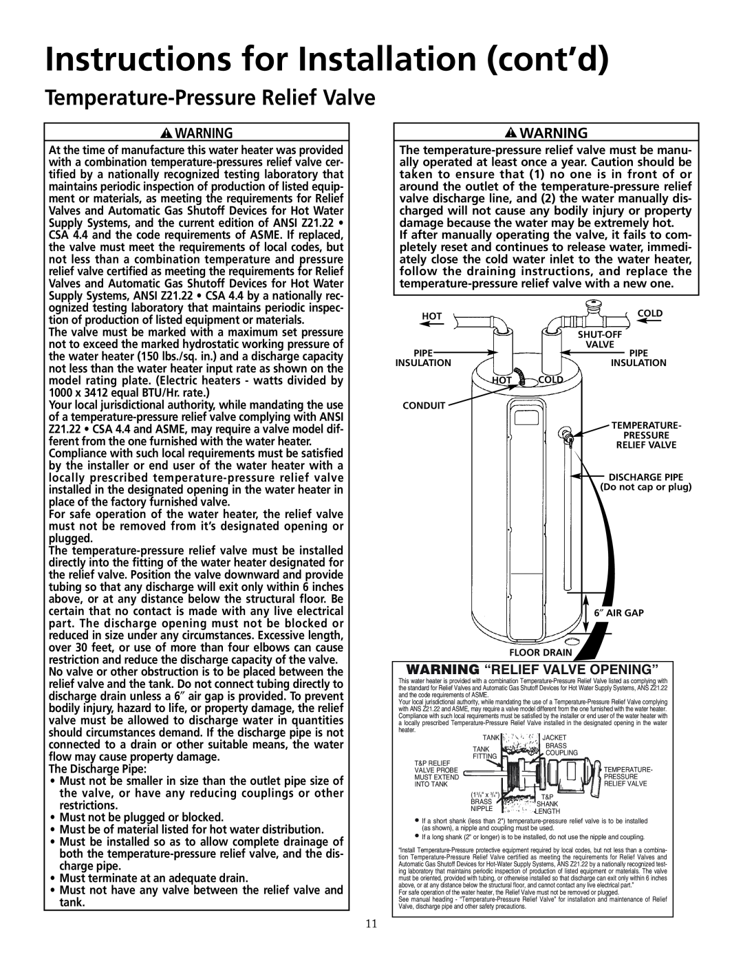 Maytag HRE21282PC Temperature-PressureRelief Valve, Warning “Relief Valve Opening”, Instructions for Installation cont’d 