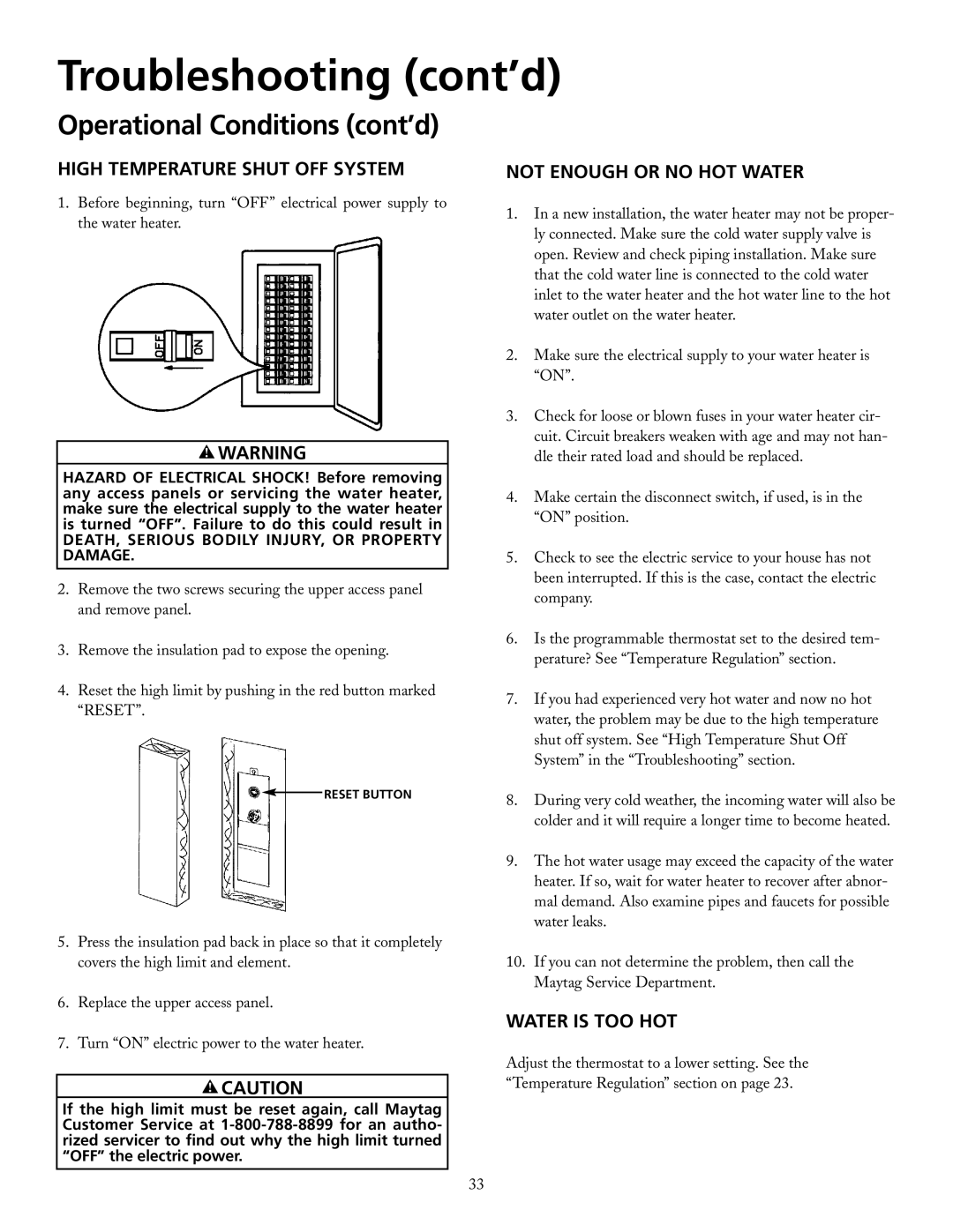 Maytag HRE21282PC Troubleshooting cont’d, Operational Conditions cont’d, Not Enough Or No Hot Water, Water Is Too Hot 