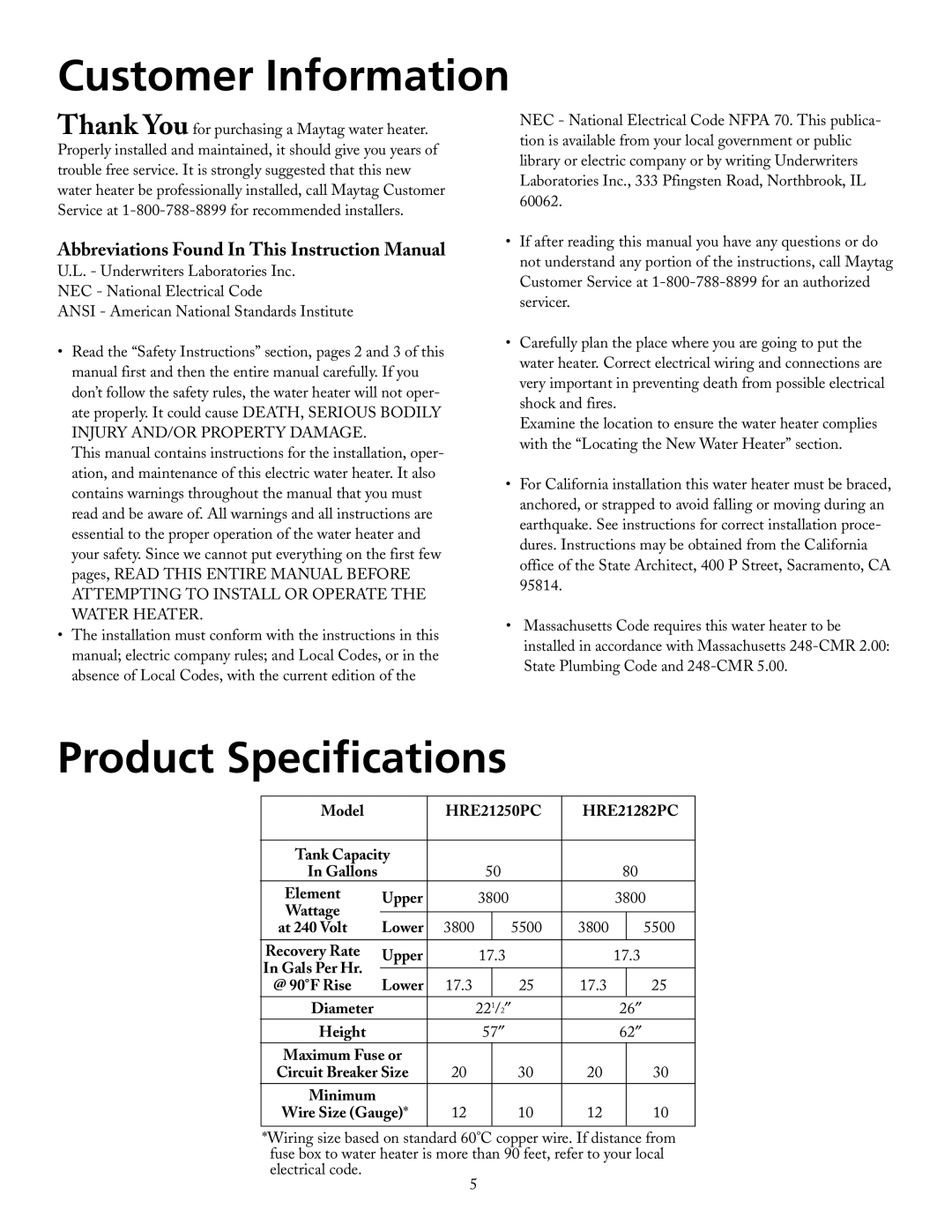 Maytag HRE21282PC Customer Information, Product Specifications, Model, HRE21250PC, Tank Capacity, In Gallons, Element 