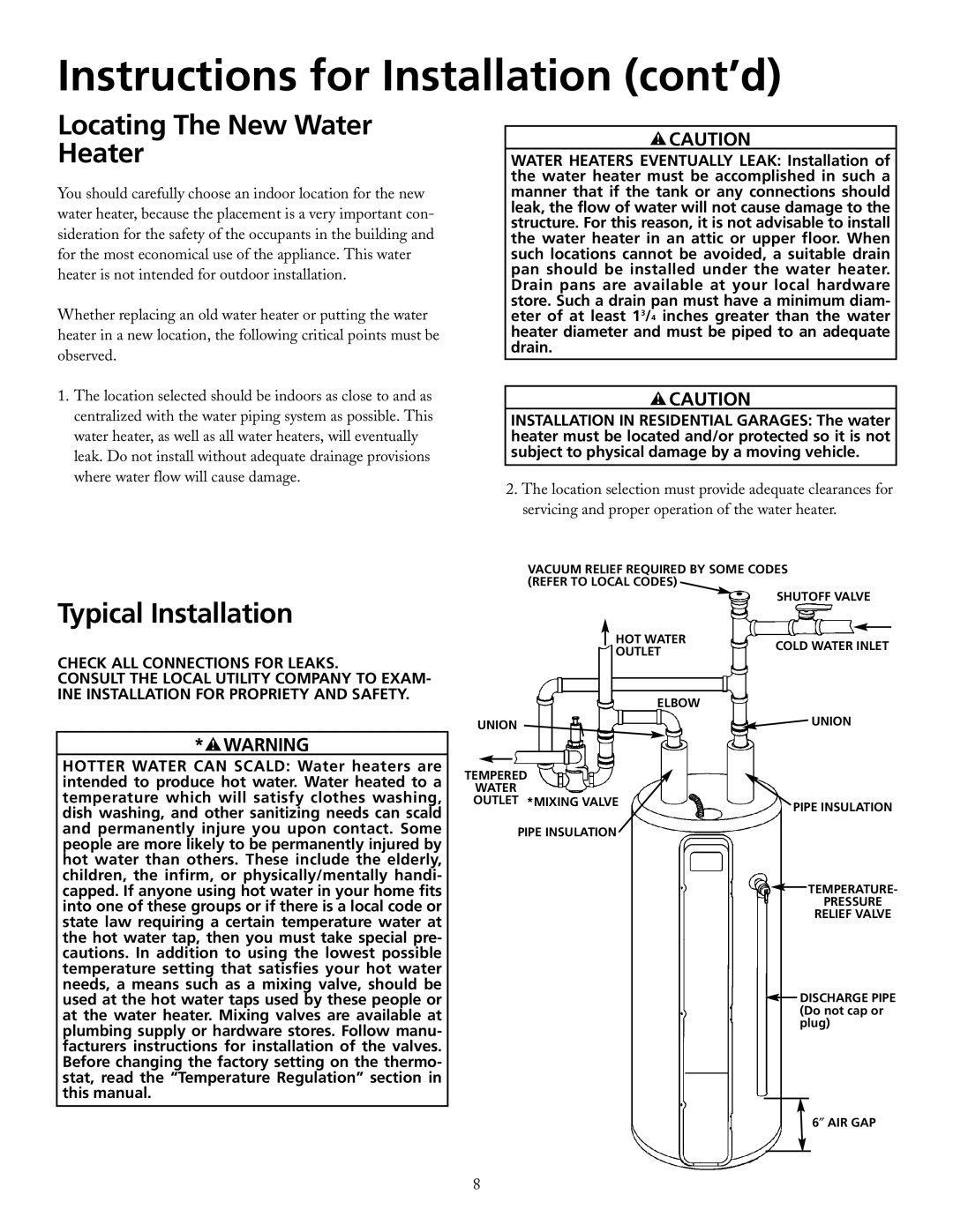 Maytag HRE21250PC, HRE21282PC Instructions for Installation cont’d, Locating The New Water Heater, Typical Installation 