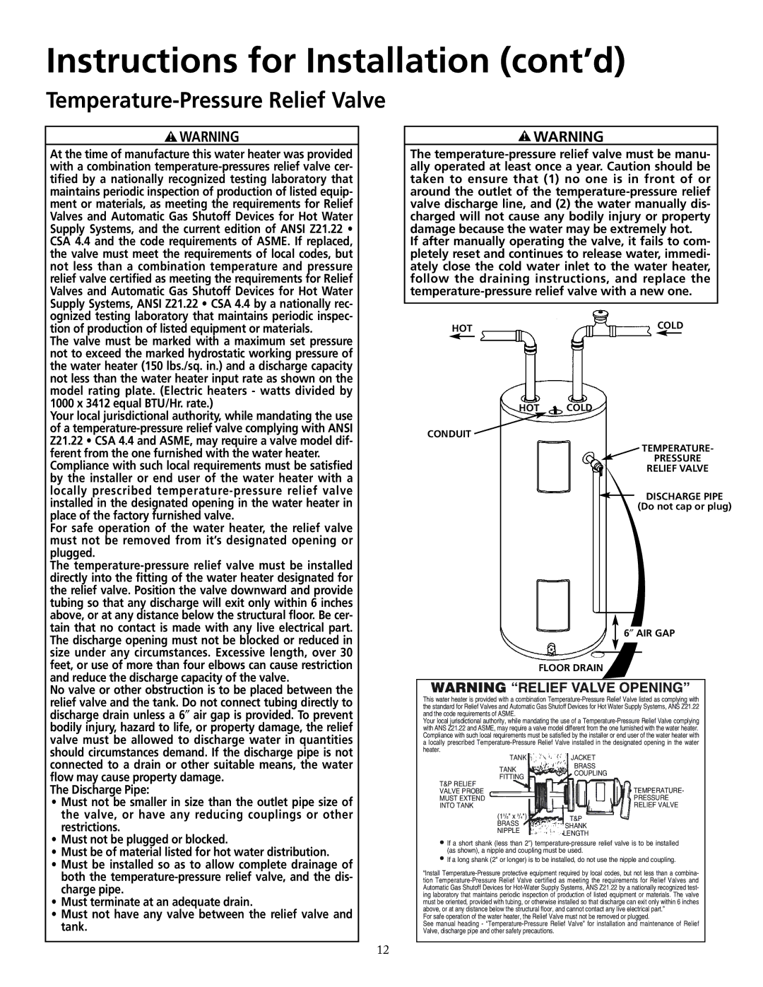 Maytag HRE2940S, HRE3966T, HRE3950T, HRE2950T, HRE2940T, HRE2950S Temperature-Pressure Relief Valve, ″ AIR GAP Floor Drain 