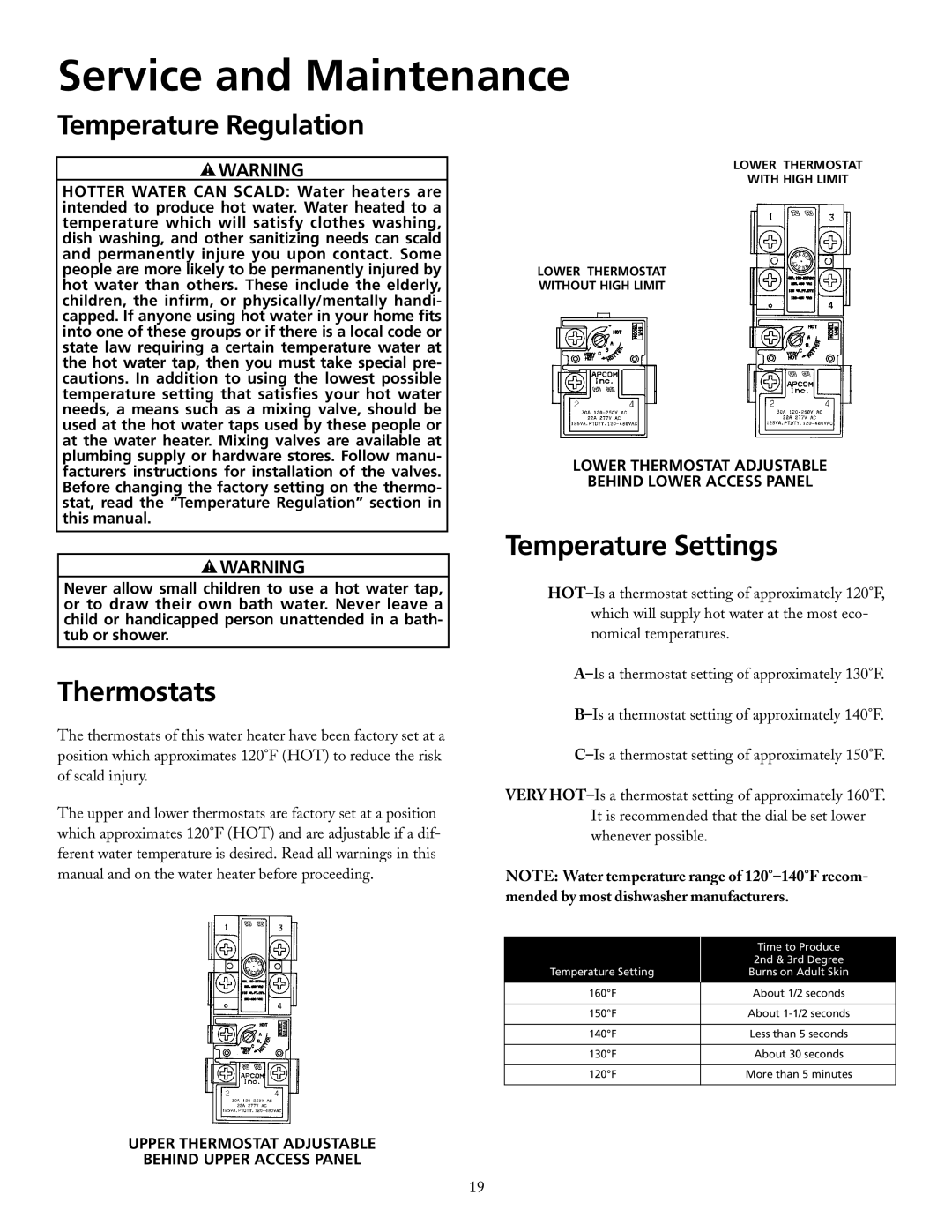 Maytag HRE2930T, HRE3966T, HRE3950T manual Service and Maintenance, Temperature Regulation, Thermostats, Temperature Settings 