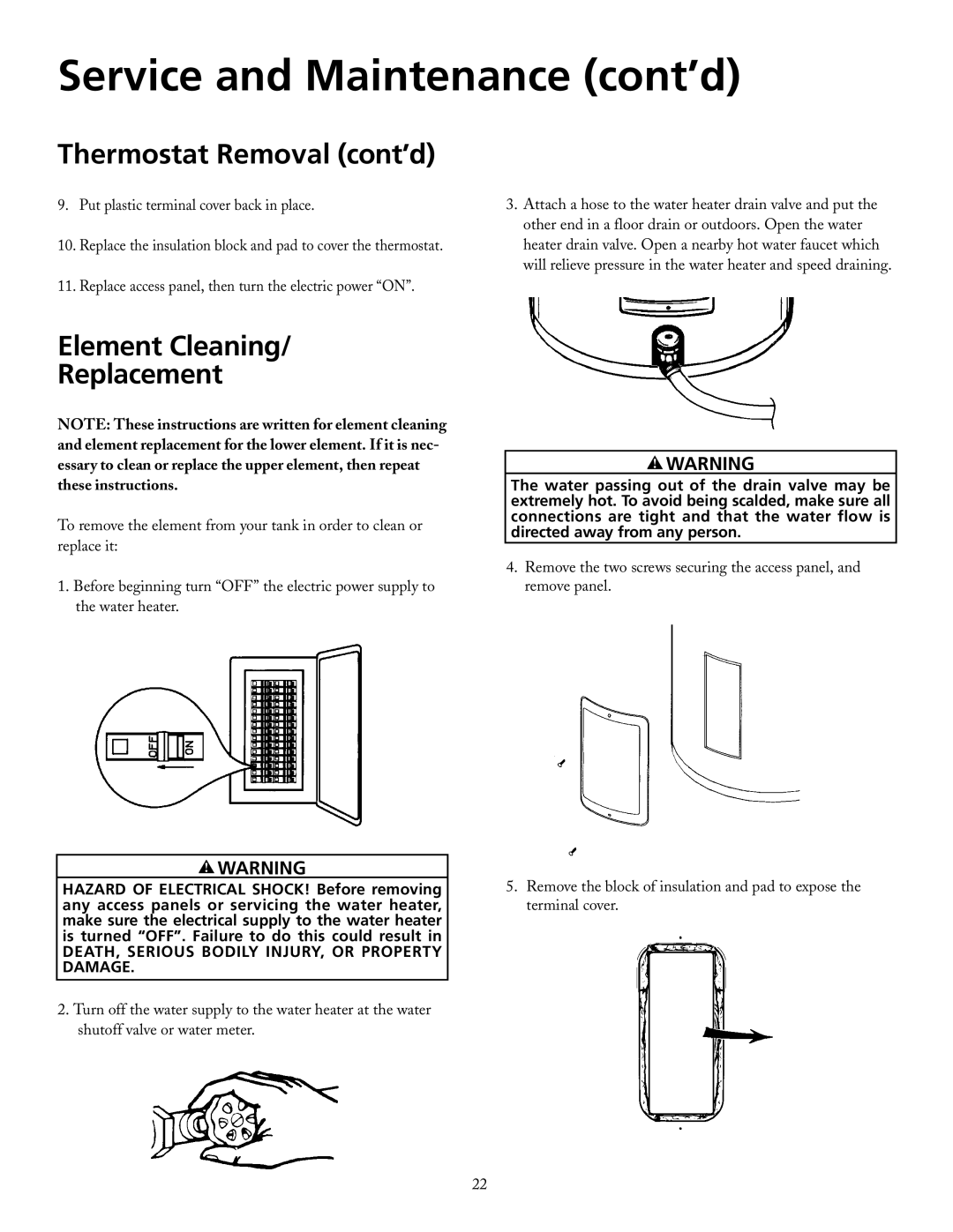 Maytag HRE3940T, HRE3966T, HRE3950T, HRE2950T, HRE2940T, HRE2950S manual Thermostat Removal cont’d, Element Cleaning Replacement 