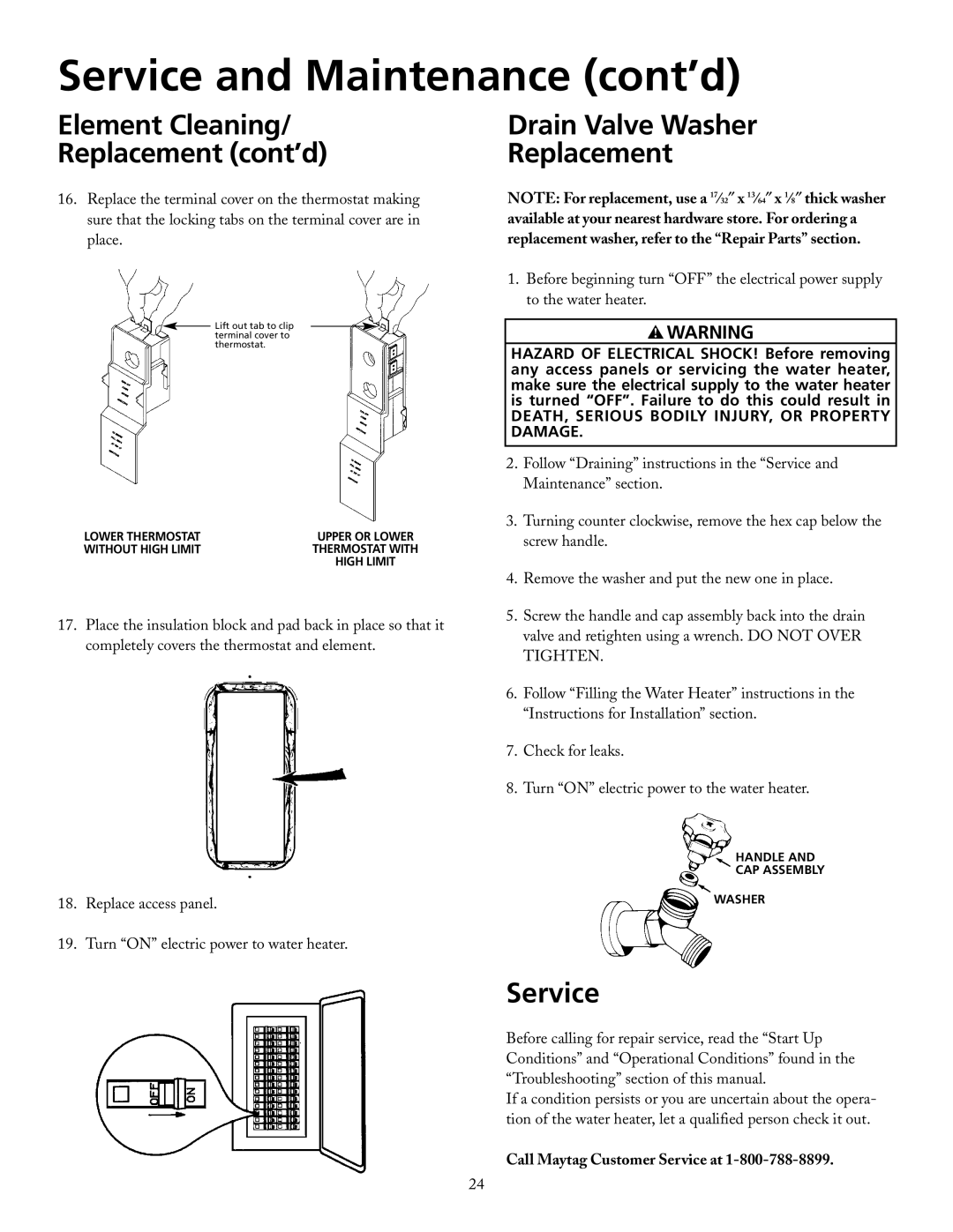 Maytag HRE2966T, HRE3966T, HRE3950T, HRE2950T Element Cleaning Replacement cont’d, Drain Valve Washer Replacement, Service 