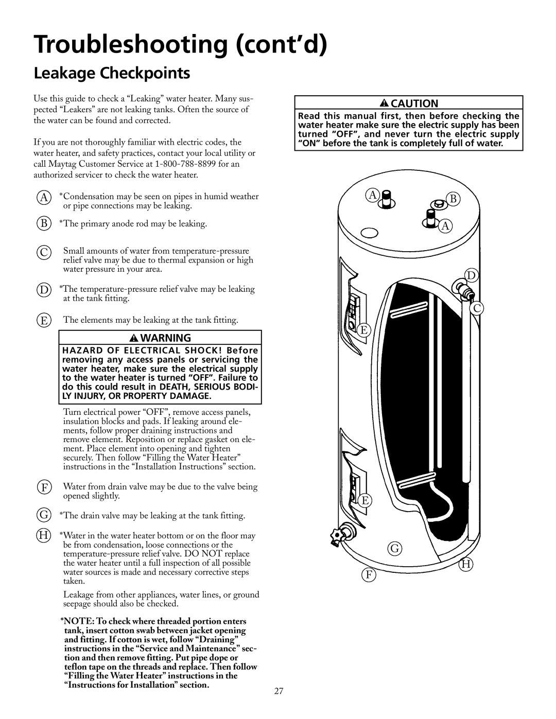 Maytag HRE3950S, HRE3966T, HRE3950T, HRE2950T, HRE2940T, HRE2950S, HRE2930T Leakage Checkpoints, LY INJURY, or Property Damage 