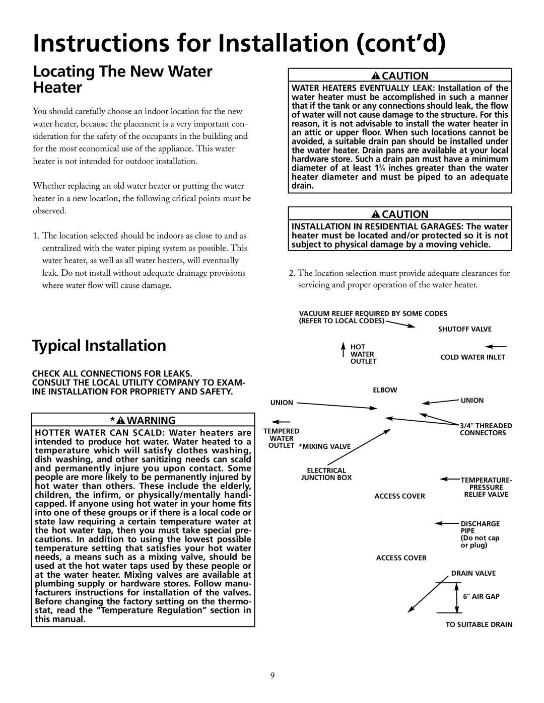 Maytag HRE3940L, HRE3966T manual Instructions for Installation cont’d, Locating The New Water Heater, Typical Installation 