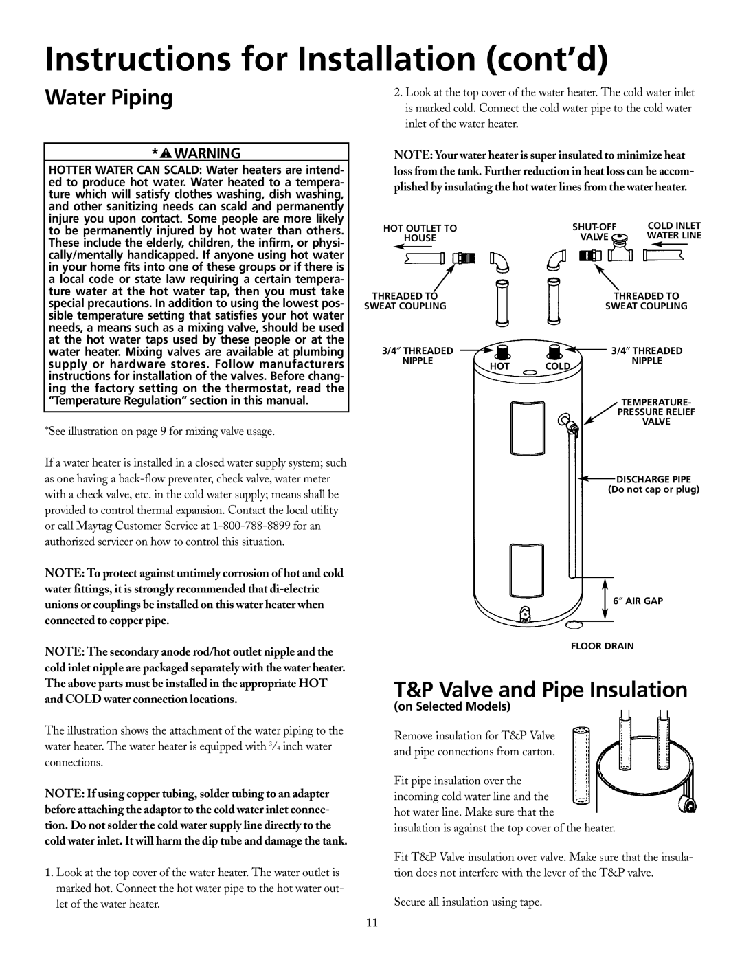Maytag HRE3930T Water Piping, T&P Valve and Pipe Insulation, Instructions for Installation cont’d, on Selected Models 