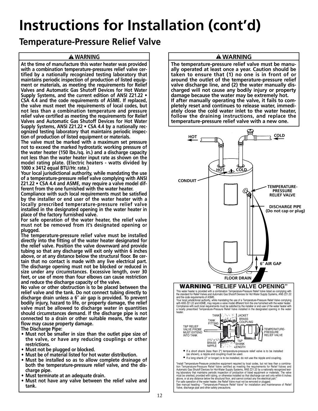 Maytag HRE2940S Temperature-PressureRelief Valve, Instructions for Installation cont’d, Warning “Relief Valve Opening” 