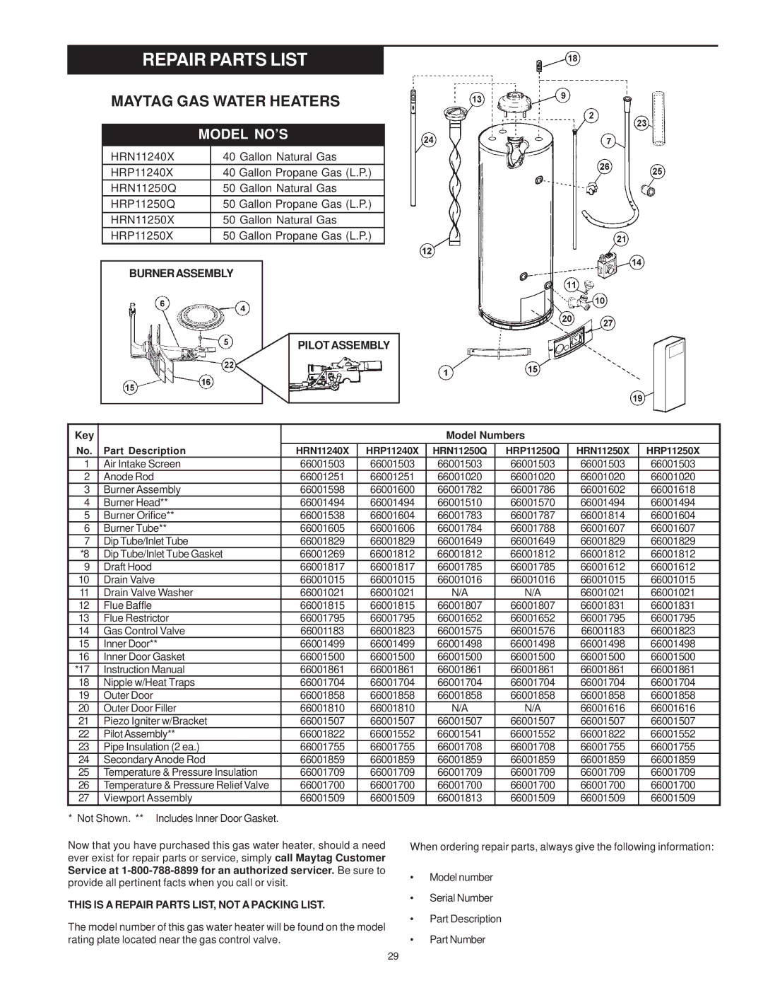 Maytag HRP31250Q, HRN11240X, HRN11250Q, HRP31240X, HRP11240X, HRP11250X, HRN31240X Repair Parts List, Maytag GAS Water Heaters 