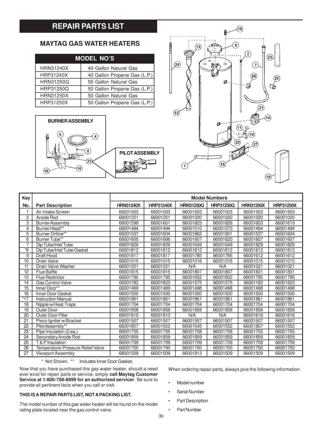 Maytag HRN31240X, HRN11240X, HRN11250Q, HRP31240X, HRP11240X, HRP11250X, HRP31250Q, HRN31250Q, HRP31250X, HRP11250Q Model Numbers 