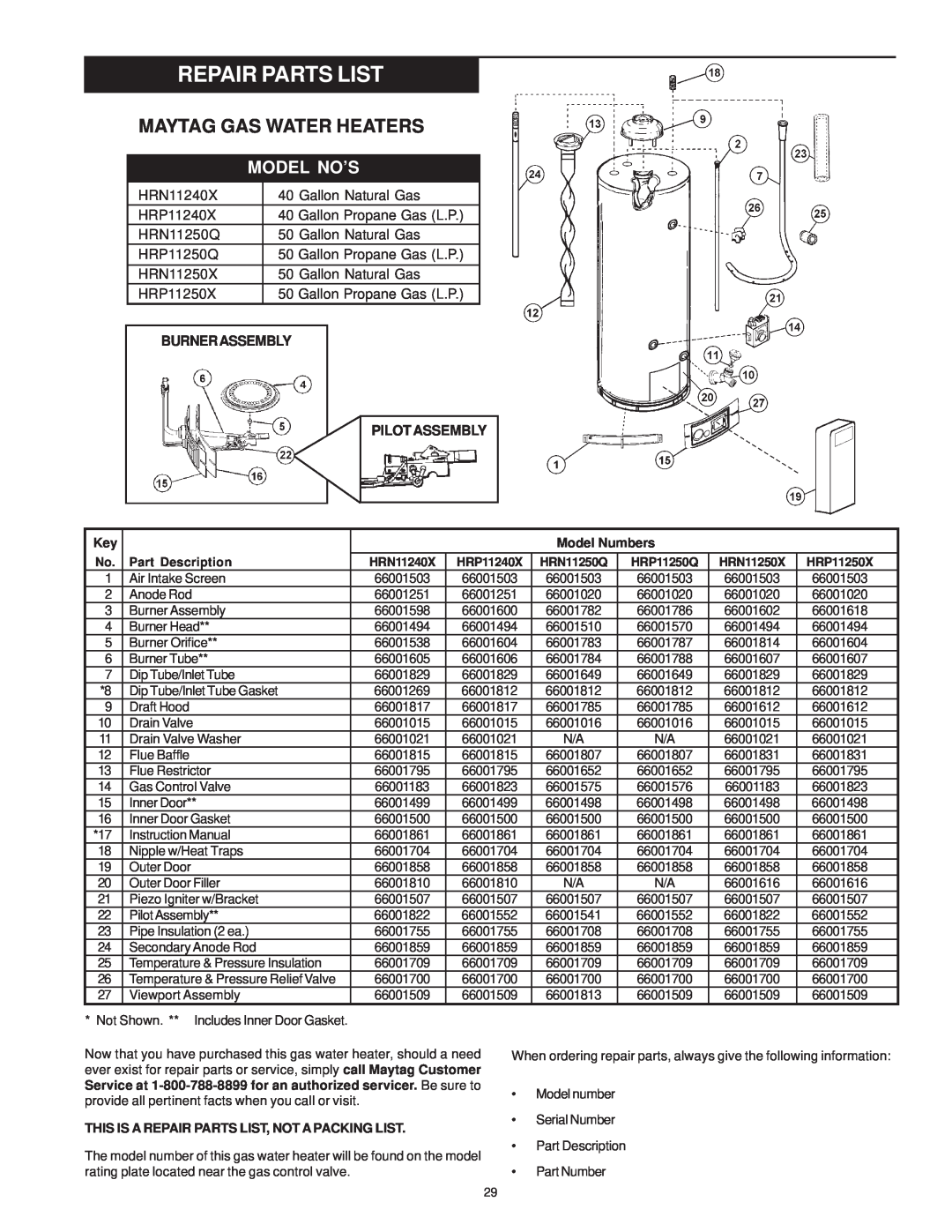 Maytag HRP31250Q, HRN11240X, HRN11250Q, HRP31240X, HRP11240X manual Repair Parts List, Maytag Gas Water Heaters, Model No’S 