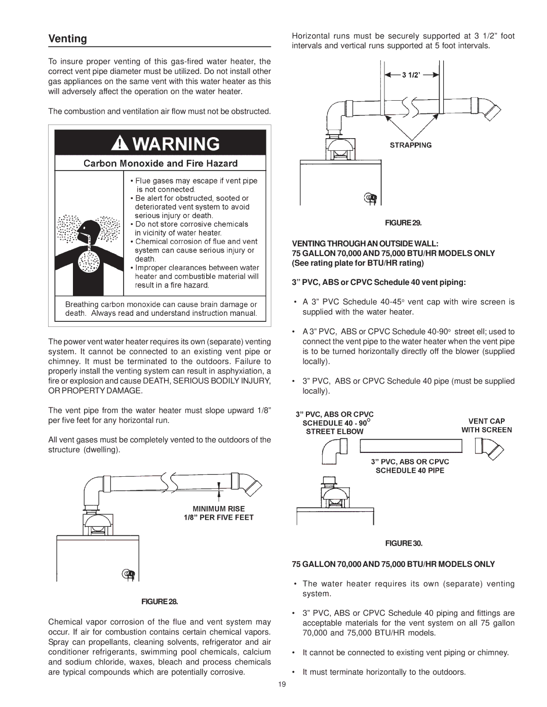 Maytag HRP31275P, HRN11250P, HRP31250P manual Venting Throughan Outside Wall, Gallon 70,000 and 75,000 BTU/HR Models only 