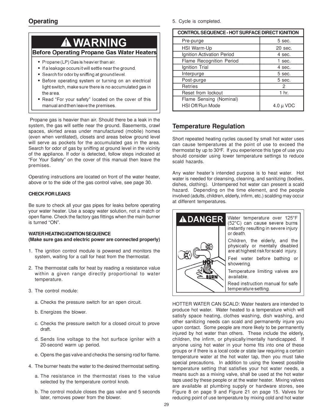 Maytag HRN31250P, HRN11250P, HRP31250P Operating, Temperature Regulation, Check for Leaks, Water Heating Ignition Sequence 