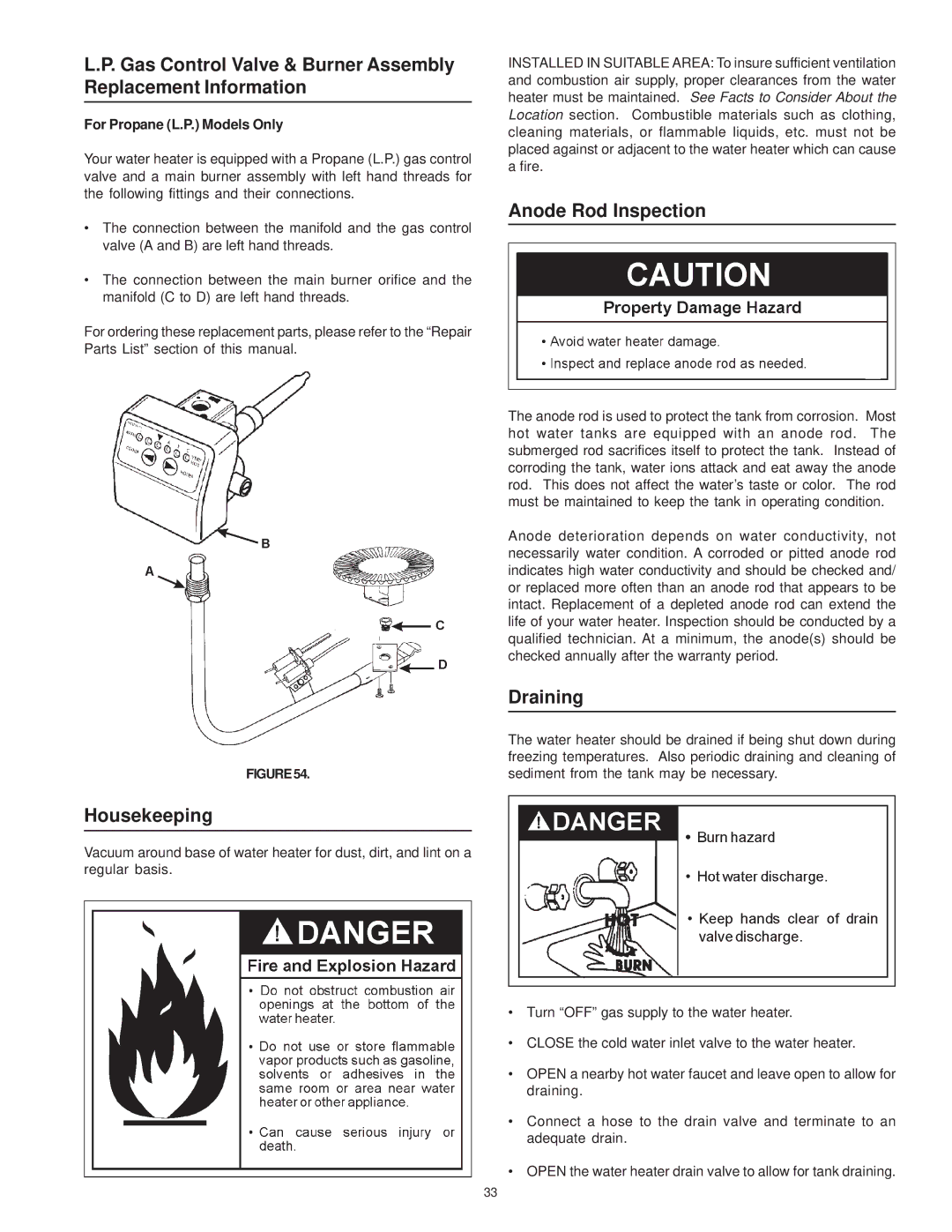 Maytag HRN11275P Gas Control Valve & Burner Assembly Replacement Information, Anode Rod Inspection, Draining, Housekeeping 