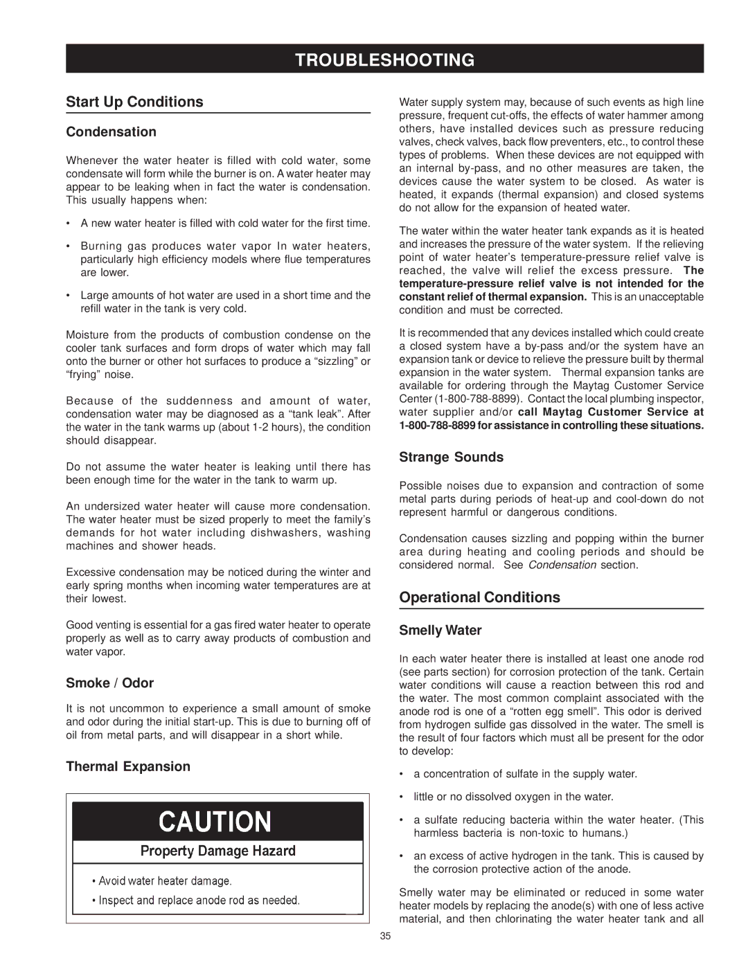 Maytag HRN11240P, HRN11250P, HRP31250P, HRP31240P, HRP11275P Troubleshooting, Start Up Conditions, Operational Conditions 