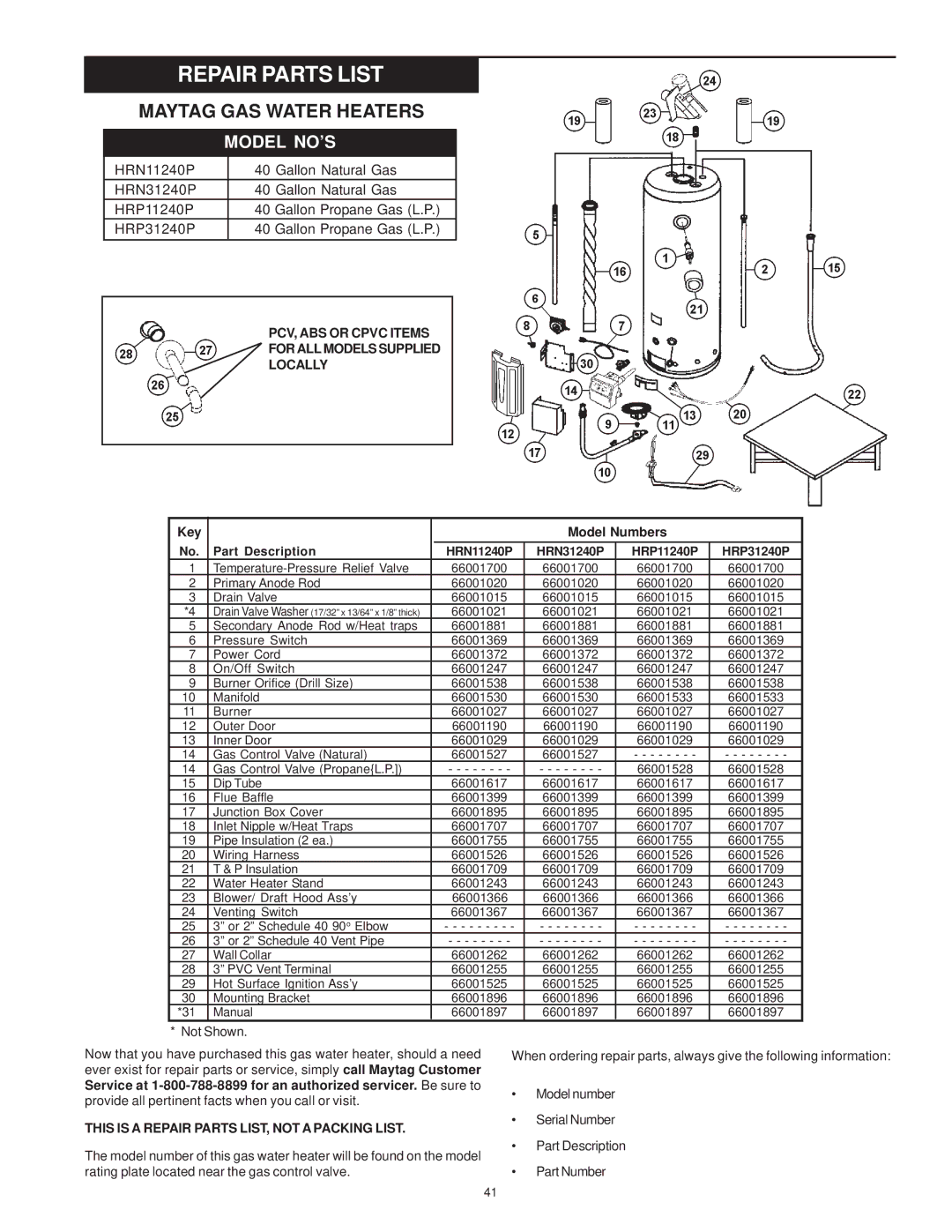 Maytag HRN31250P, HRN11250P, HRP31250P, HRP31240P, HRP11275P, HRN31275P, HRN31240P Repair Parts List, Maytag GAS Water Heaters 