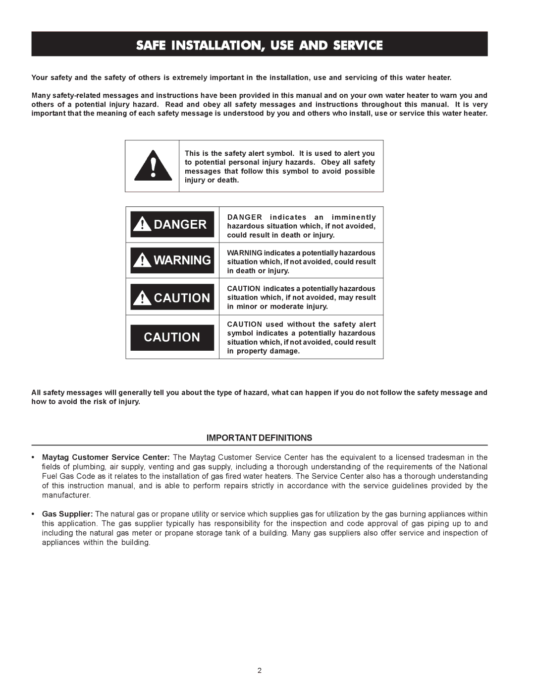 Maytag HRN5975S, HRP4975S, HRN4975S, HRP5975S manual Safe INSTALLATION, USE and Service, Important Definitions 