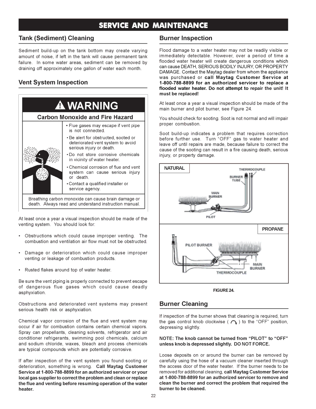 Maytag HRN5975S, HRP4975S manual Service and Maintenance, Tank Sediment Cleaning, Vent System Inspection, Burner Inspection 