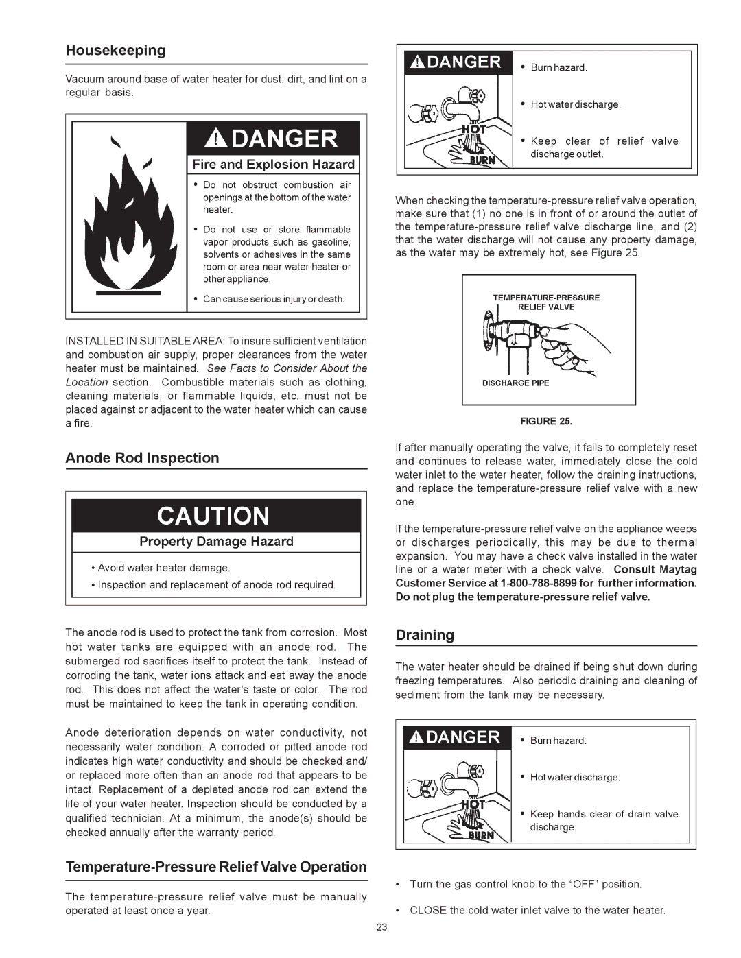 Maytag HRP5975S, HRP4975S manual Housekeeping, Anode Rod Inspection, Temperature-Pressure Relief Valve Operation, Draining 