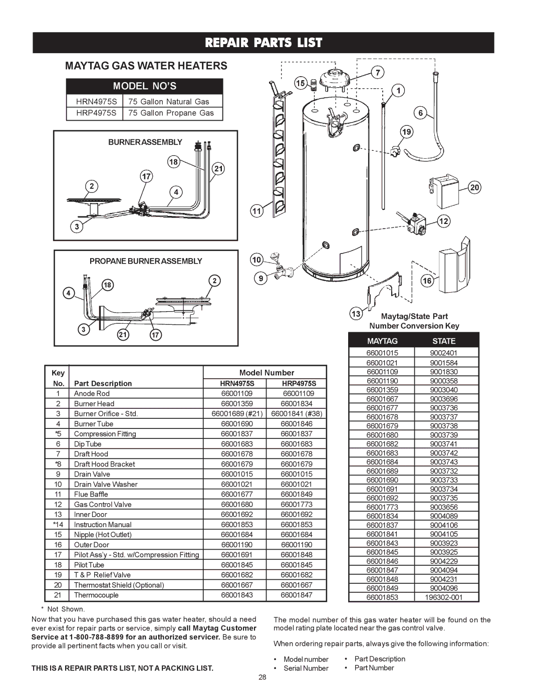 Maytag HRP4975S, HRN4975S, HRN5975S, HRP5975S manual Repair Parts List, Maytag GAS Water Heaters 