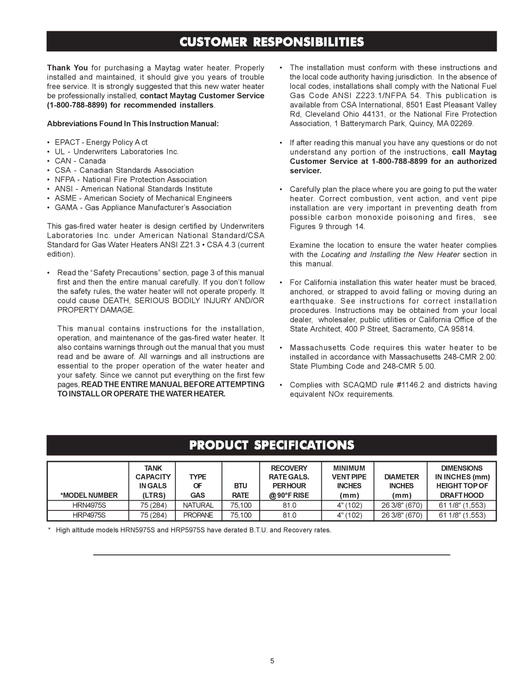 Maytag HRN4975S, HRP4975S, HRN5975S, HRP5975S manual Customer Responsibilities, Product Specifications 