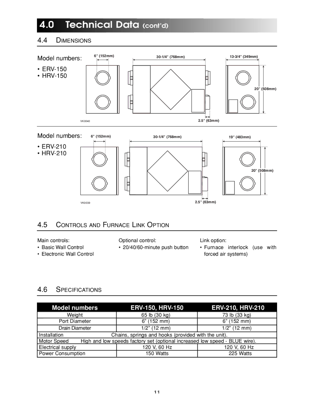 Maytag manual Model numbers ERV-150, HRV-150 ERV-210, HRV-210 