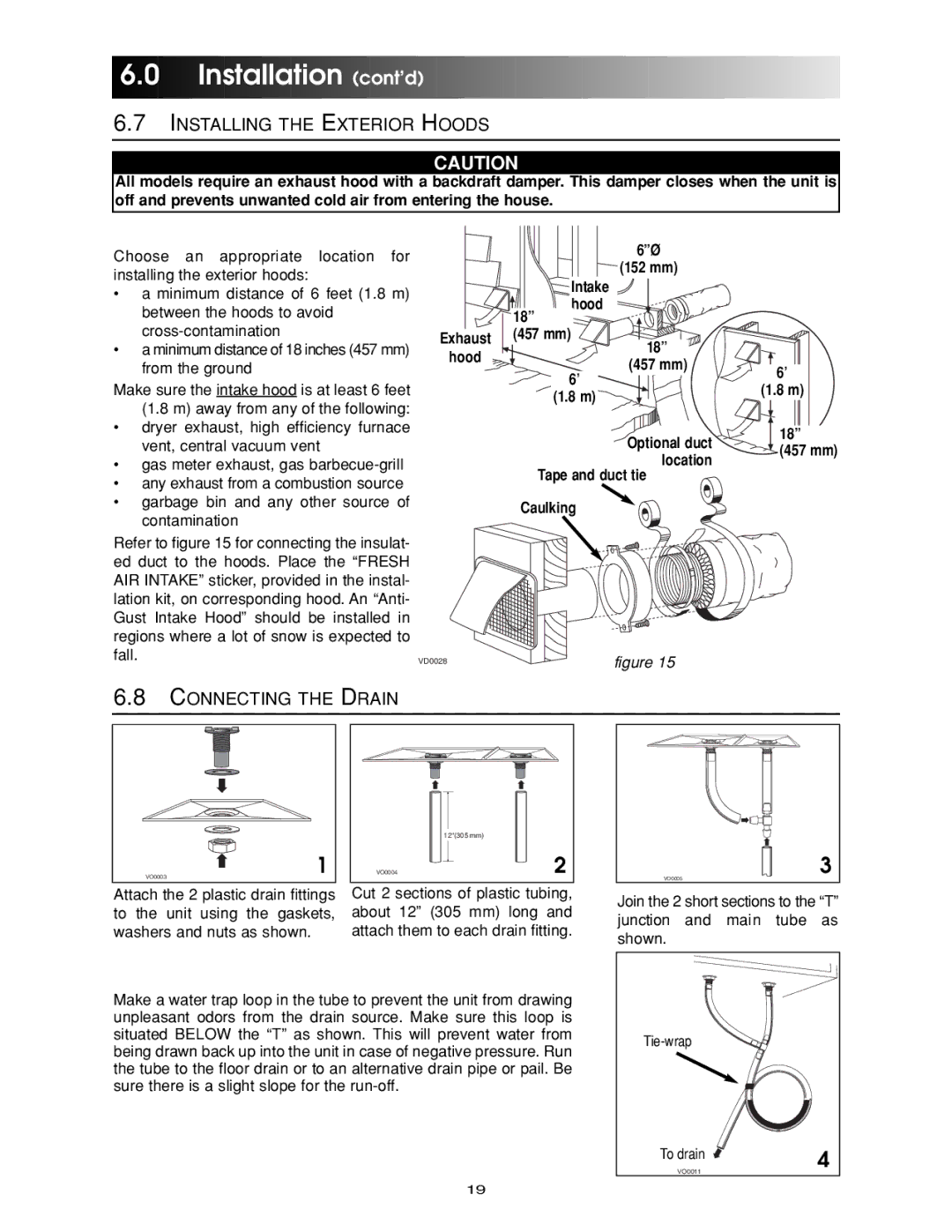 Maytag ERV-150 Installing the Exterior Hoods, Connecting the Drain, Exhaust Hood, mm Intake Hood 18 457 mm Optional duct 