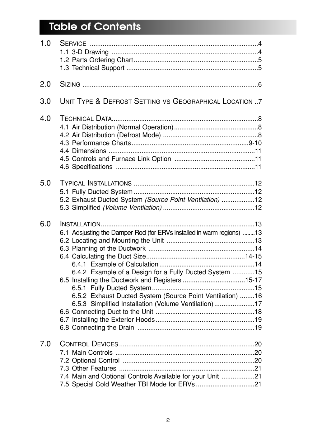 Maytag HRV-150, HRV-210, ERV-210, ERV-150 manual Table of Contents 