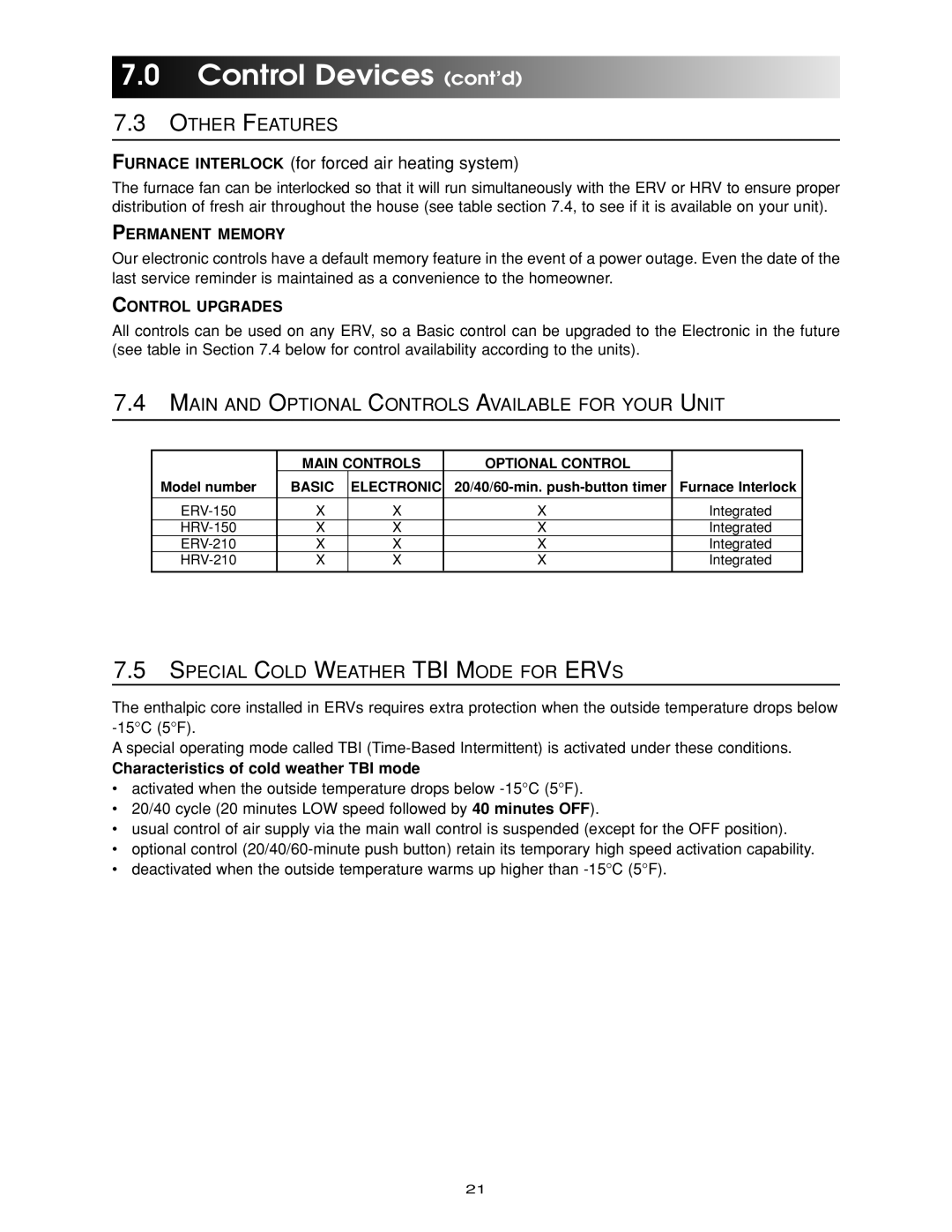 Maytag ERV-210 Other Features, Main and Optional Controls Available for Your Unit, Special Cold Weather TBI Mode for Ervs 