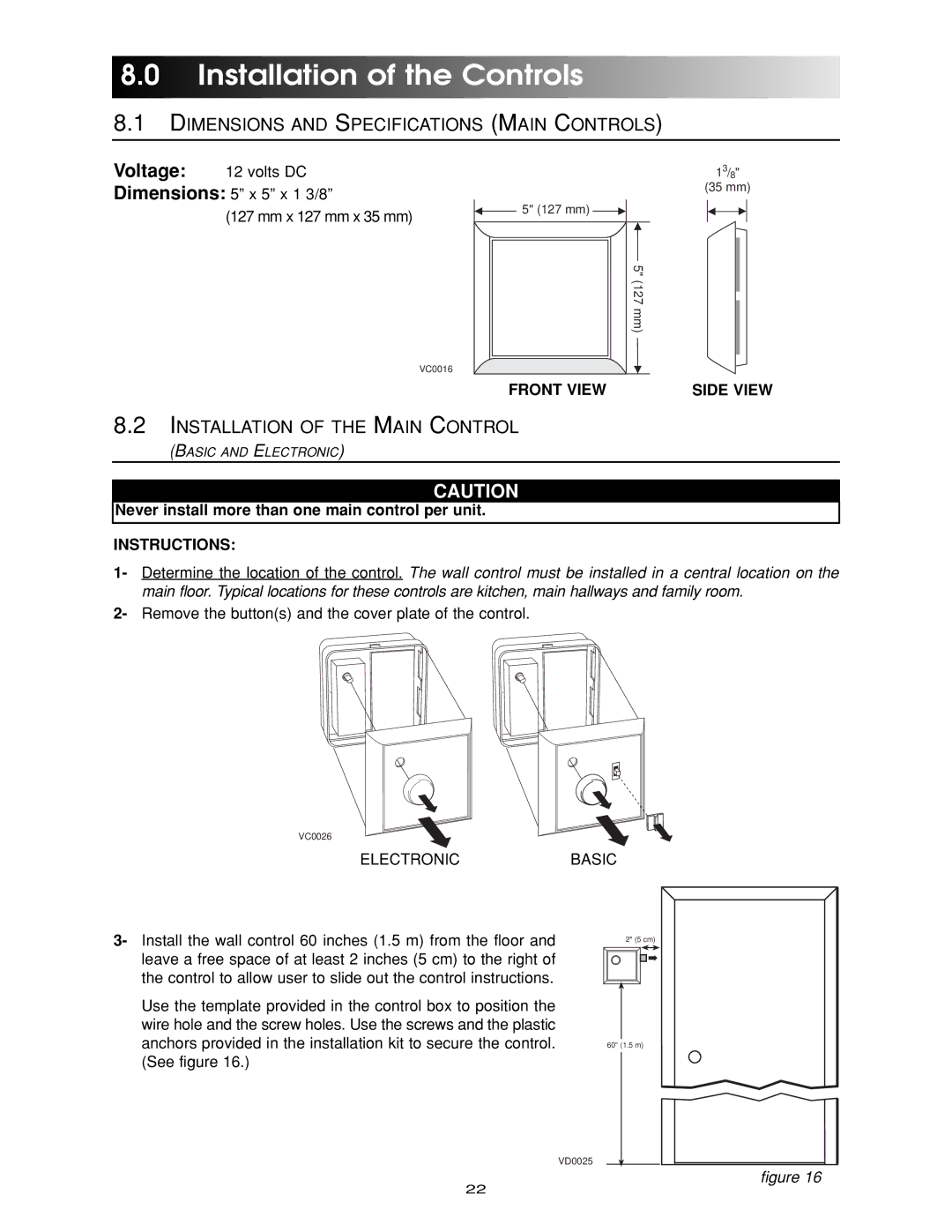 Maytag HRV-150 Installation of the Controls, Dimensions and Specifications Main Controls, Installation of the Main Control 