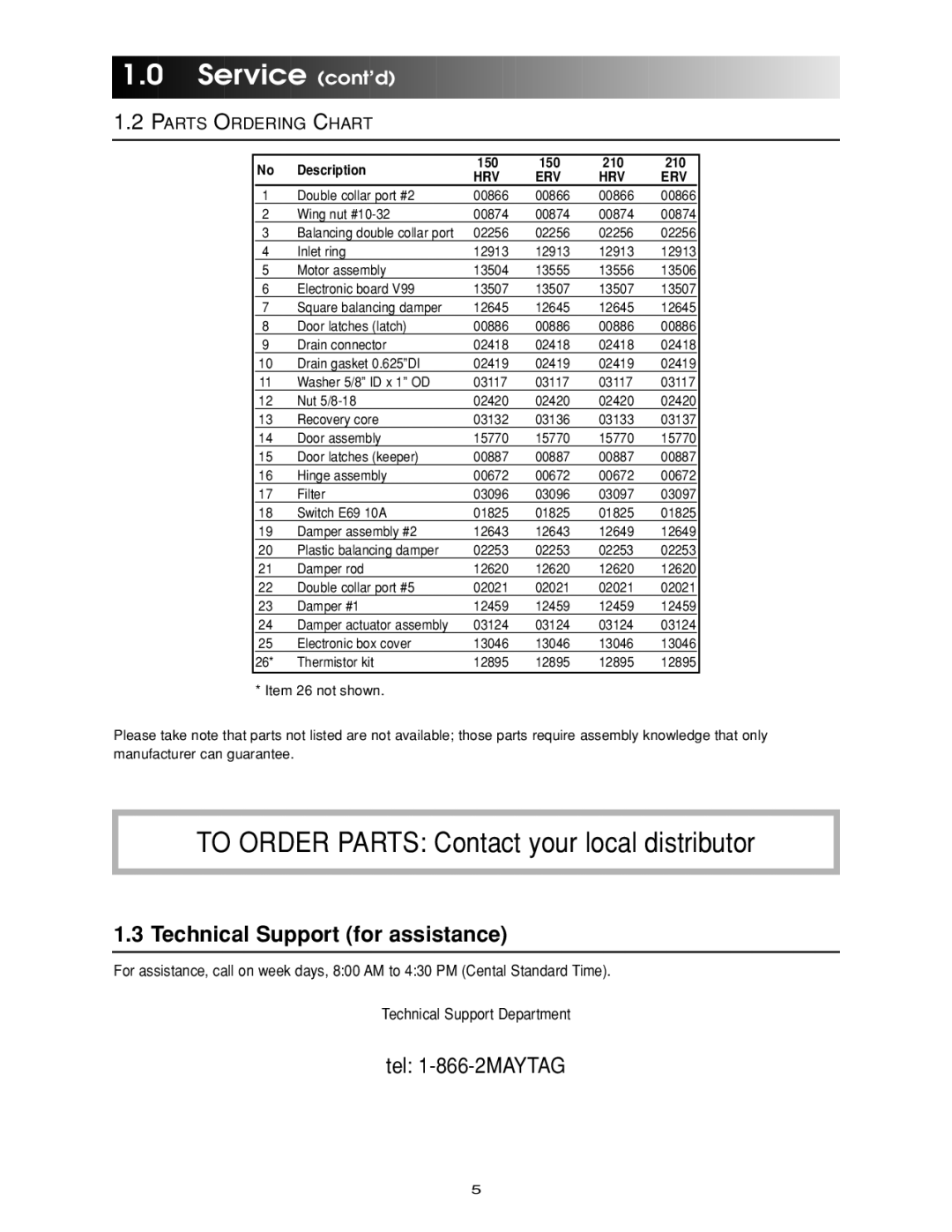 Maytag ERV-210, HRV-210, HRV-150, ERV-150 manual To Order Parts Contact your local distributor 