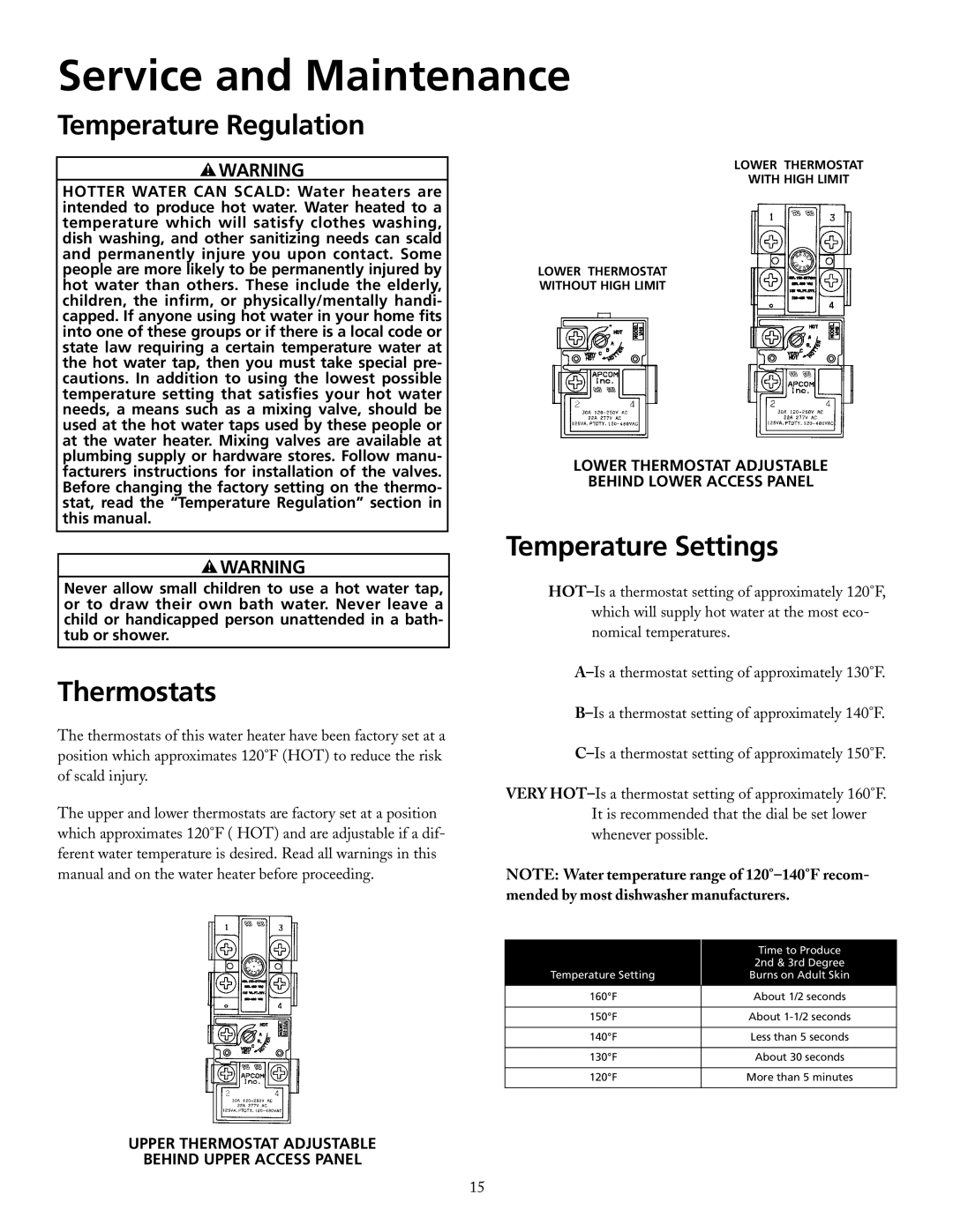 Maytag HRX52DERT, HRX30DERT, HRX66DERT Service and Maintenance, Temperature Regulation, Thermostats, Temperature Settings 