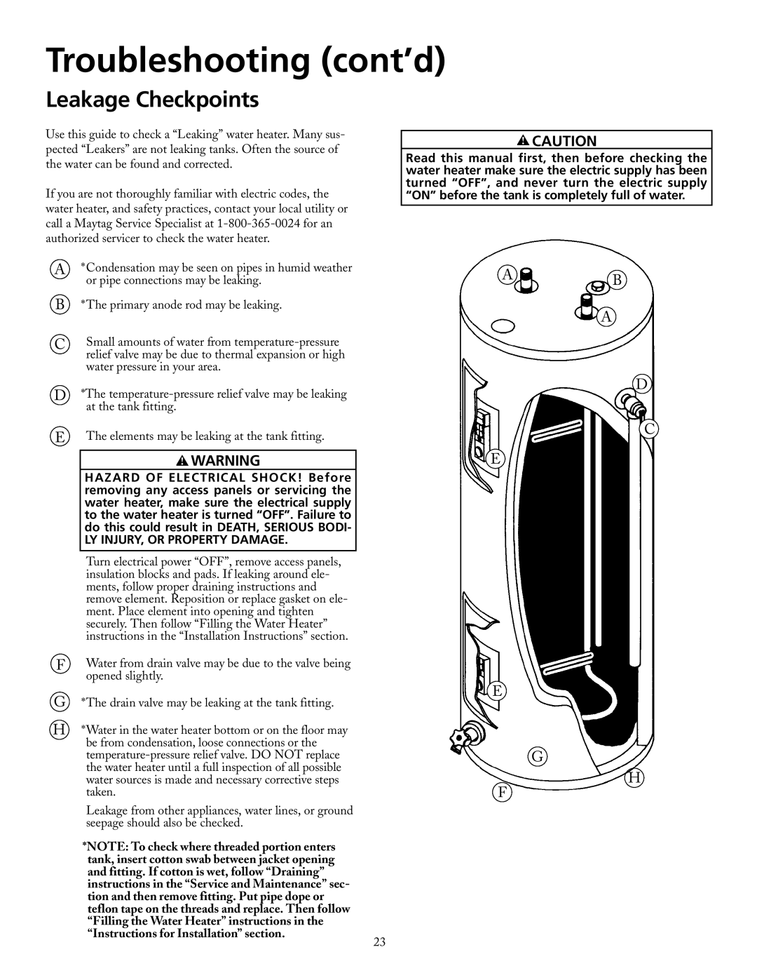 Maytag HRX66DERT, HRX30DERT, HRX52DERT, HRX52DERS, HRX40DERT, HRX82DERT Leakage Checkpoints, LY INJURY, or Property Damage 