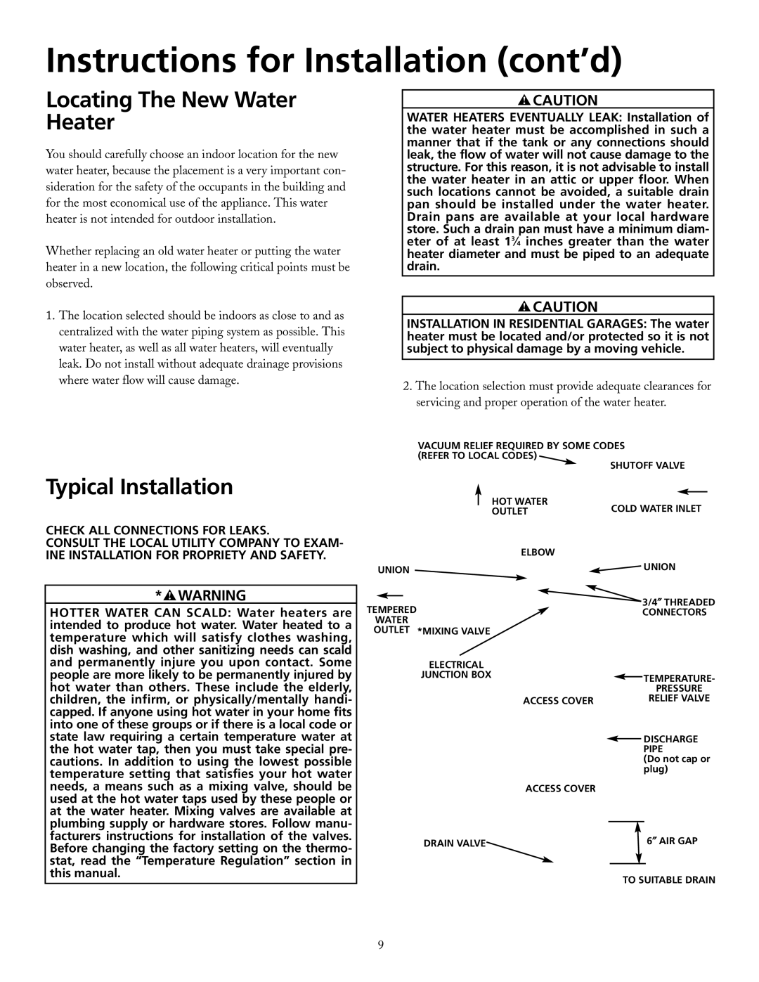 Maytag HRX66DERT, HRX30DERT manual Instructions for Installation cont’d, Locating The New Water Heater, Typical Installation 