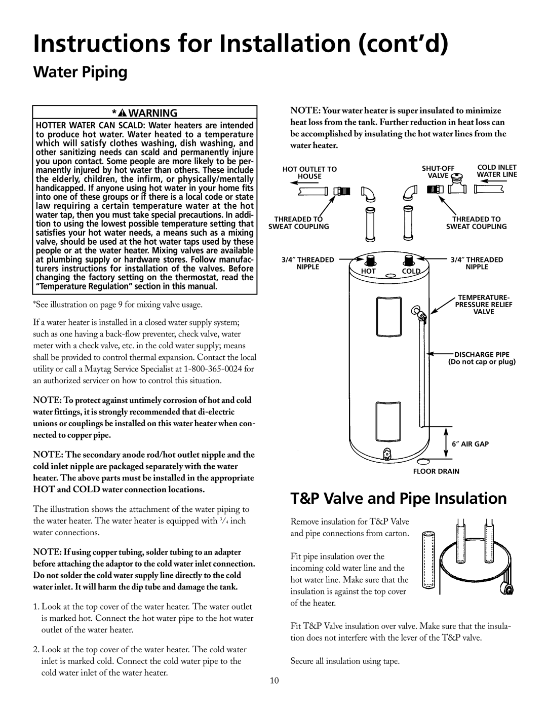 Maytag HRX52DERS, HRX30DERT, HRX52DERT Water Piping, T&P Valve and Pipe Insulation, Instructions for Installation cont’d 