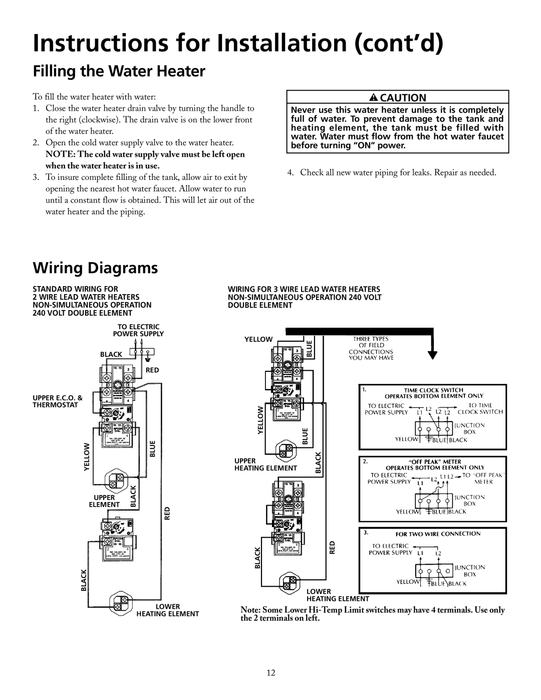 Maytag HRX82DERT, HRX30DERT, HRX52DERT manual Filling the Water Heater, Wiring Diagrams, Instructions for Installation cont’d 