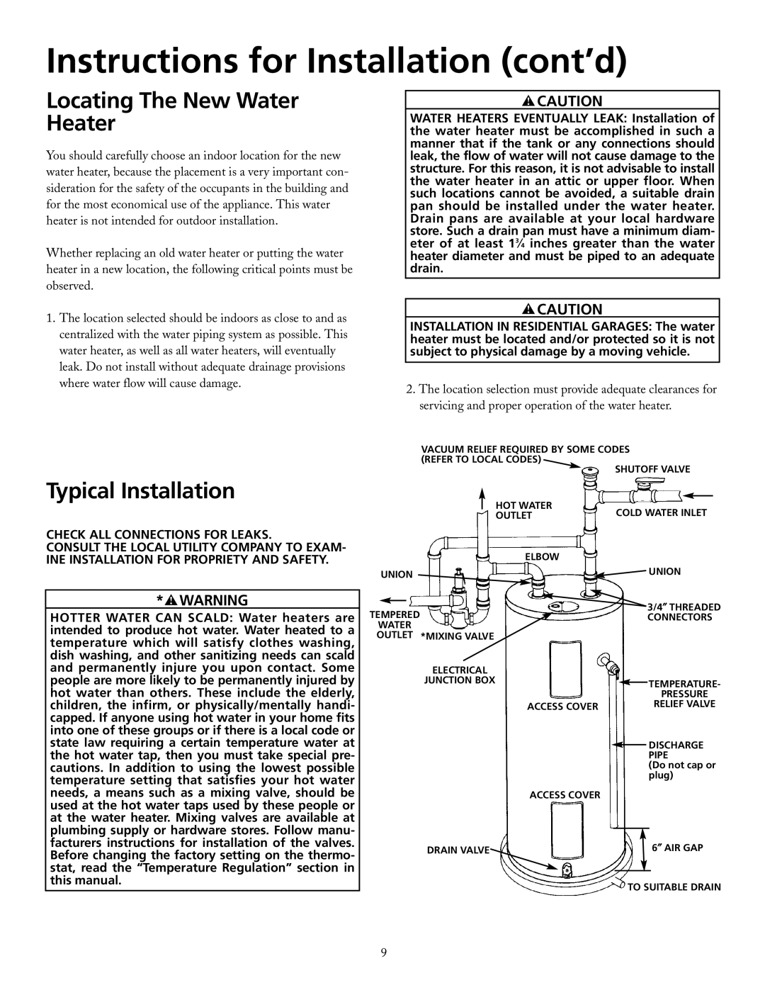 Maytag HRX66DERT, HRX30DERT manual Instructions for Installation cont’d, Locating The New Water Heater, Typical Installation 