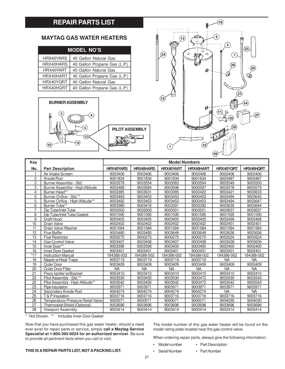 Maytag HRX50YART, HRX40YARS Repair Parts List, Burner Assembly Pilot Assembly, HRX40HARS, HRX40HART HRX40YQRT HRX40HQRT 