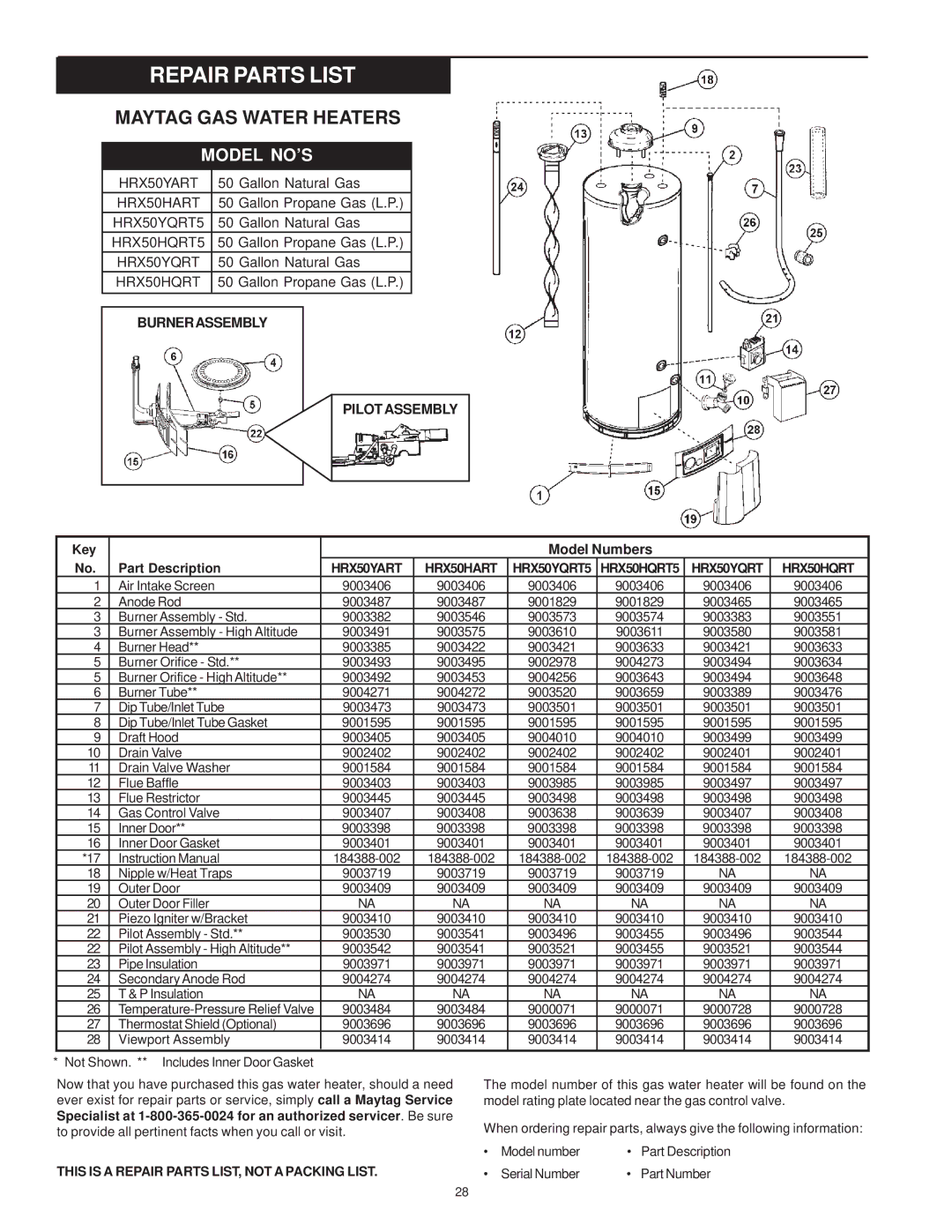 Maytag HRX40YQRT, HRX40HART, HRX40YARS, HRX40YART Burnerassembly Pilotassembly, HRX50YART HRX50HART HRX50YQRT5 HRX50HQRT5 