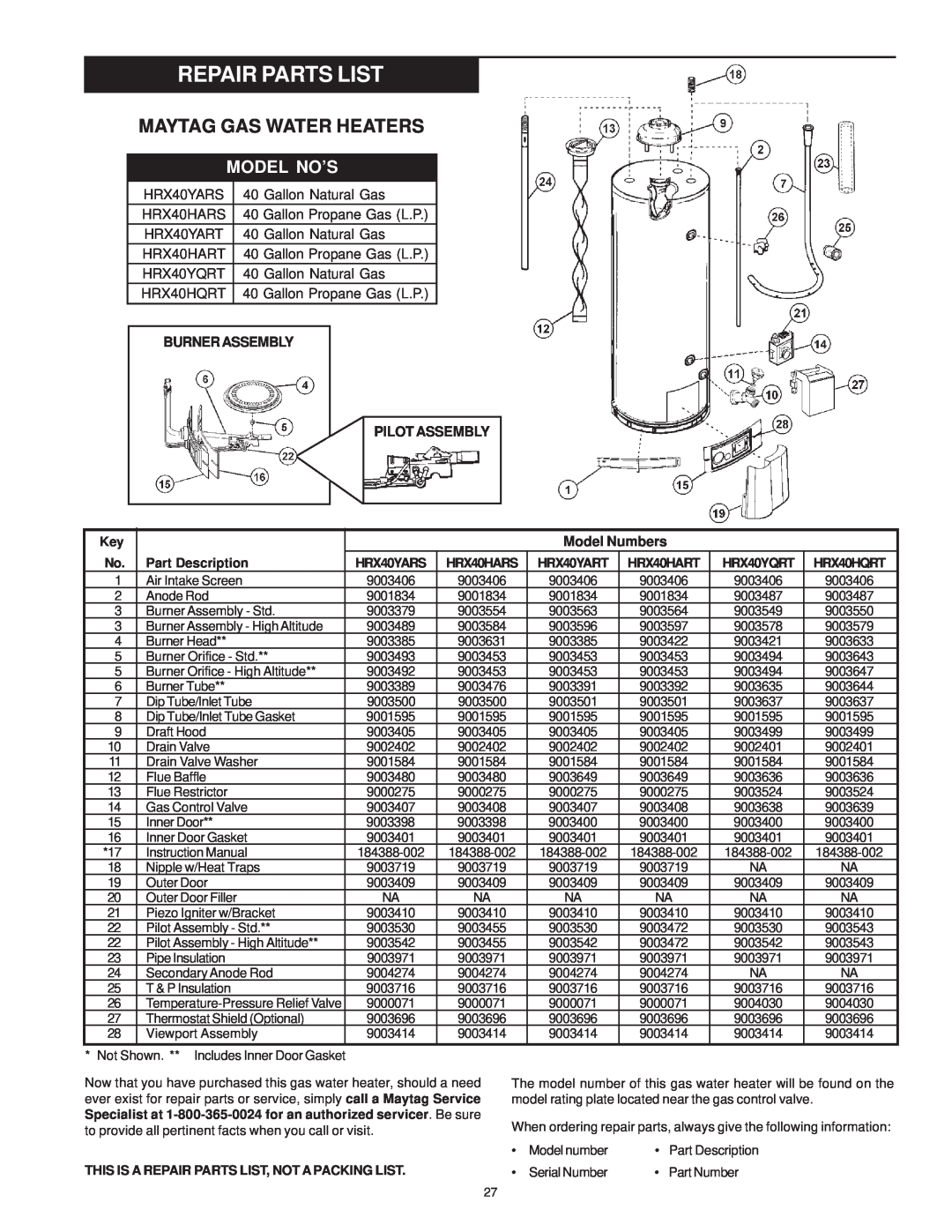 Maytag HRX40HQRT, HRX50YART, HRX40YQRT, HRX40HART, HRX40YARS manual Repair Parts List, Maytag Gas Water Heaters, Model No’S 