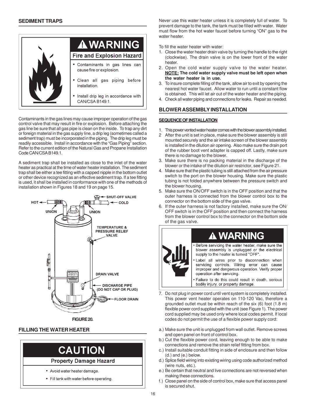 Maytag HV650HBVITCGA manual Sediment Traps, Filling the Water Heater, Blower Assembly Installation, Sequenceofinstallation 