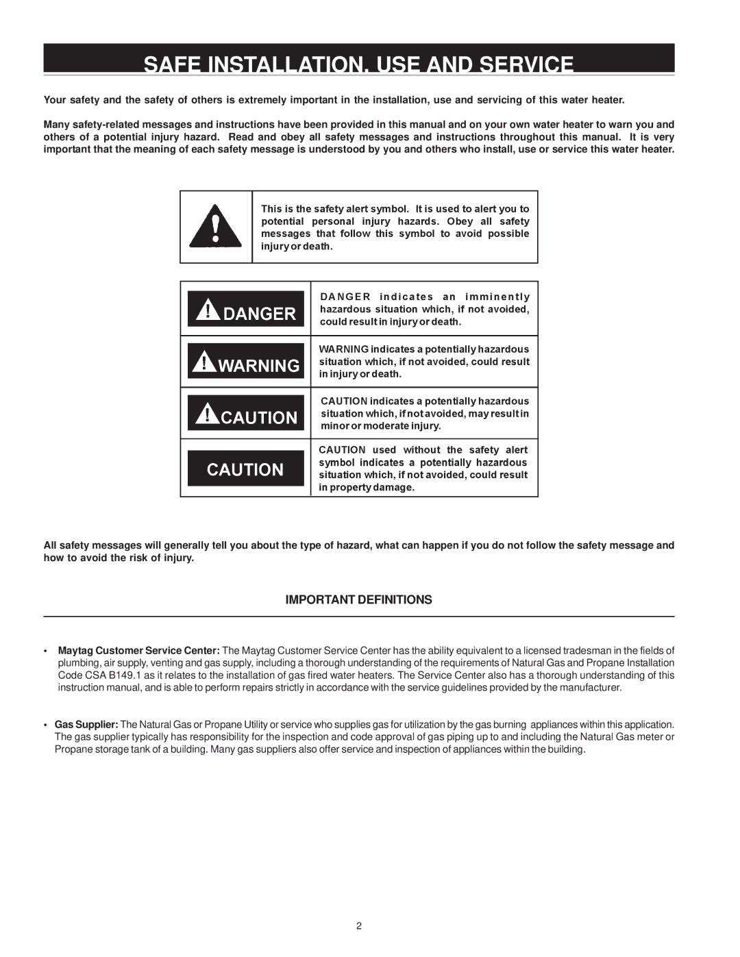 Maytag HV650YBVITCGA, HV650HBVITCGA, HV640YBVITCGA, HV640HBVITCGA Safe INSTALLATION, USE and Service, Important Definitions 