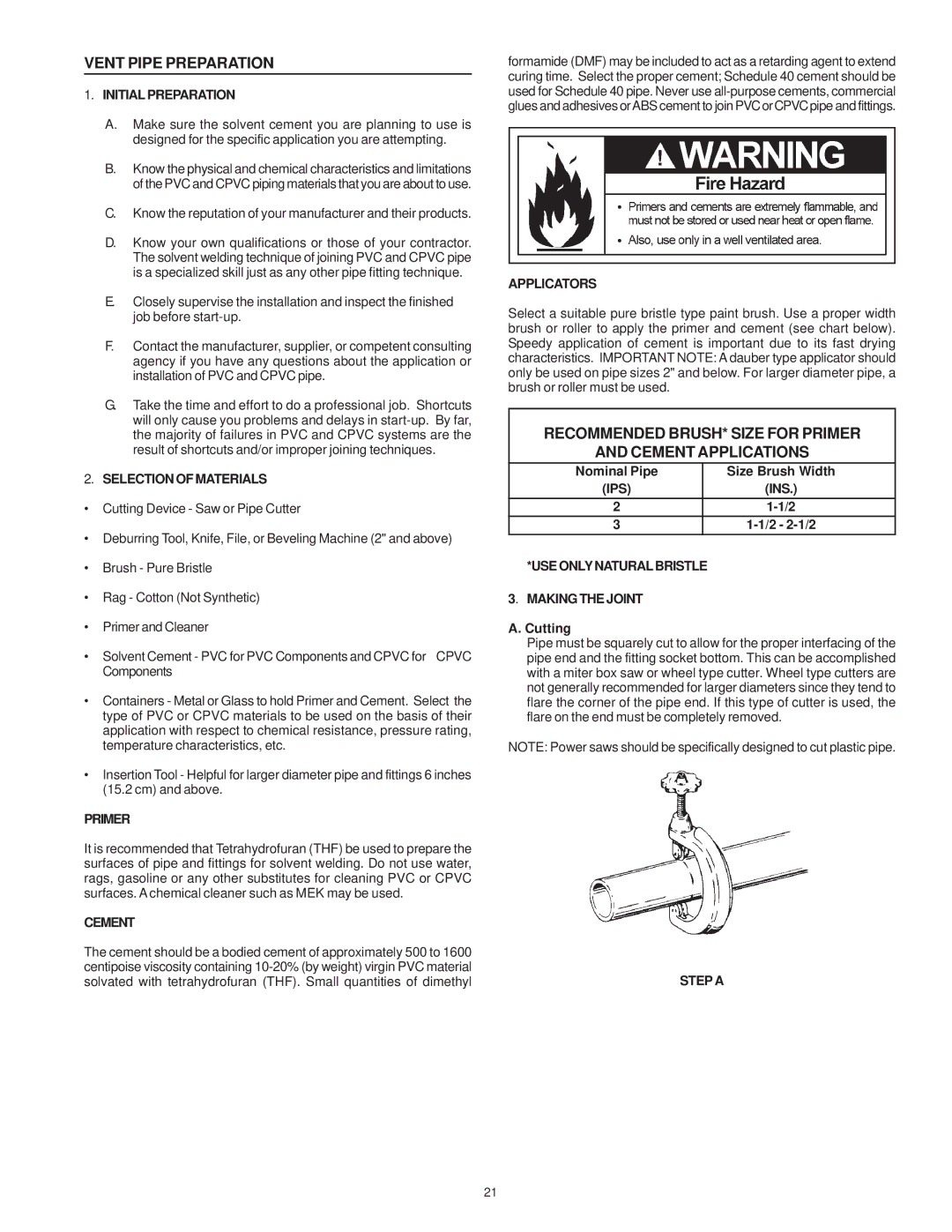 Maytag HV640YBVITCGA, HV650HBVITCGA manual Vent Pipe Preparation, Recommended BRUSH* Size for Primer Cement Applications 